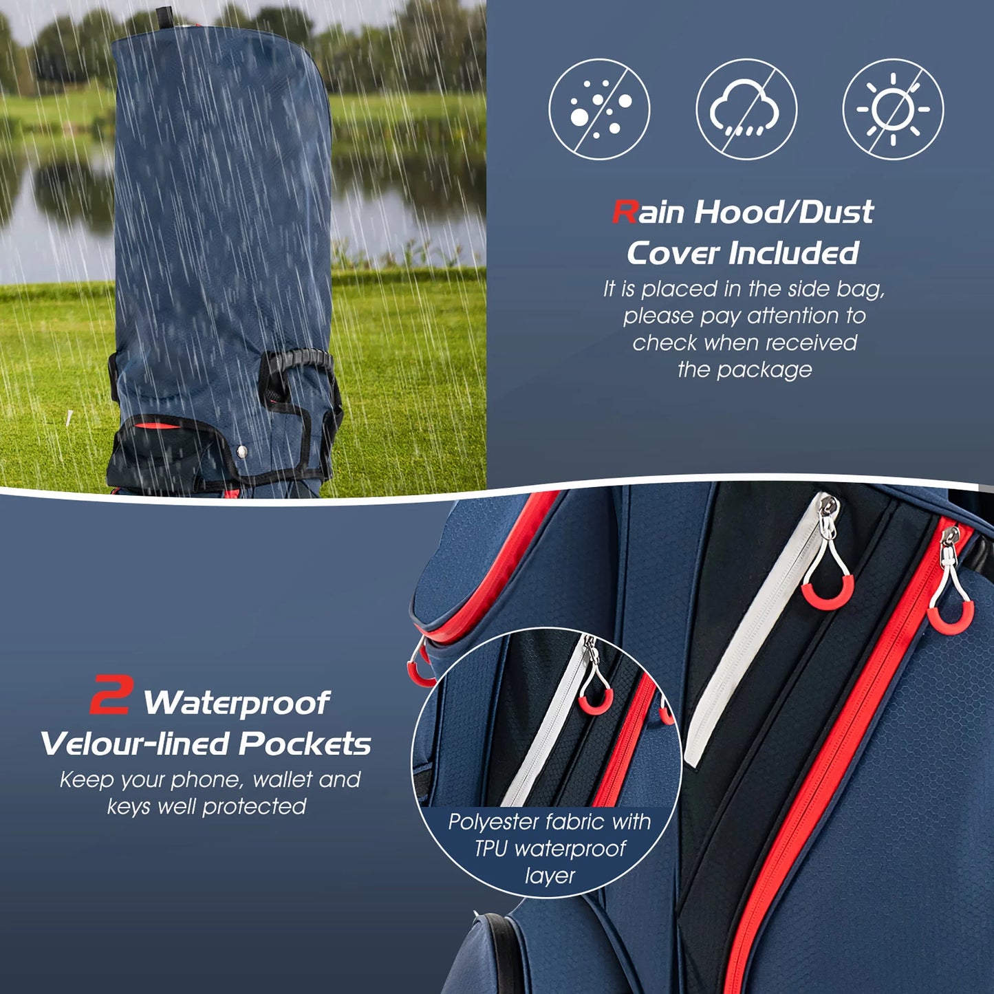 9.5" Golf Cart Bag W/14 Divider Rain Hood Cooler Bag 8 Pockets