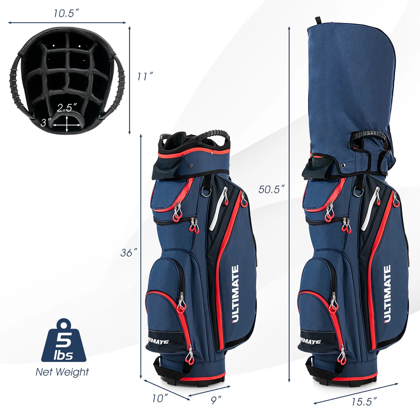 9.5" Golf Cart Bag W/14 Divider Rain Hood Cooler Bag 8 Pockets