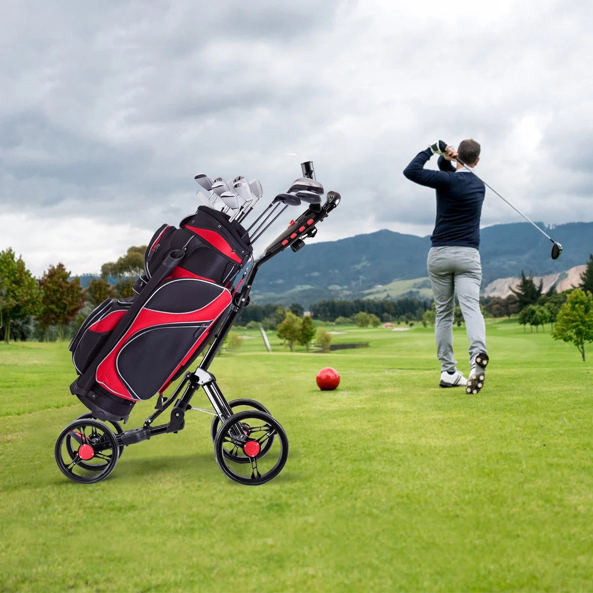 Folding 4 Wheel Golf Pull Push Cart Trolley Club Umbrella Scorecard Drink Holder