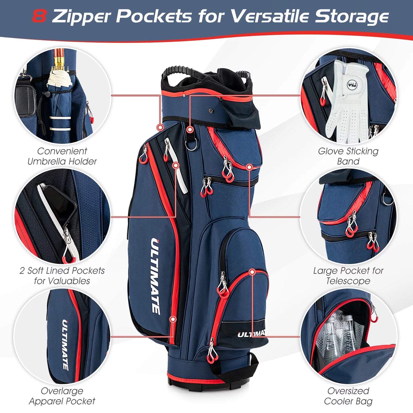 9.5" Golf Cart Bag W/14 Divider Rain Hood Cooler Bag 8 Pockets