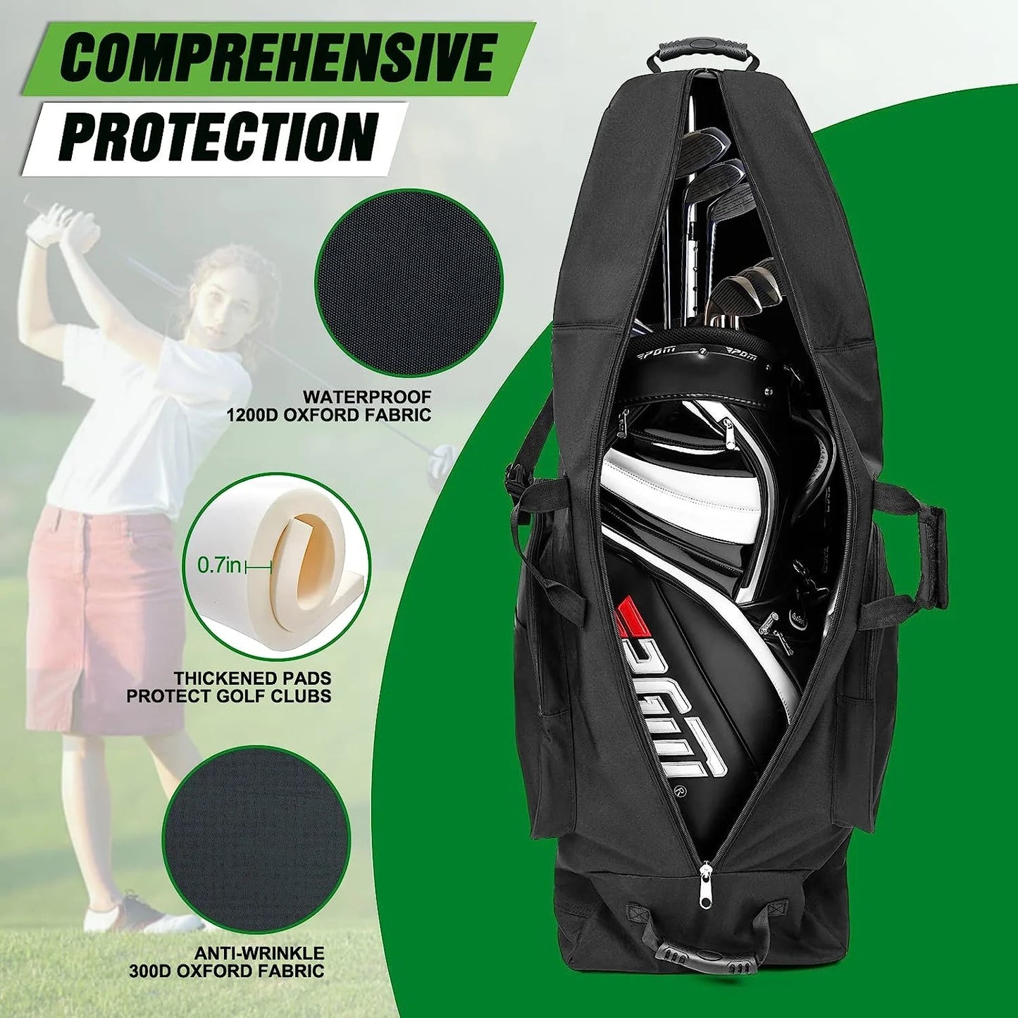 Golf Travel Bag with Wheels，1200D Heavy Duty Oxford Wear-Resistant，Portable Golf Club Travel Cover Perfect for Airlines