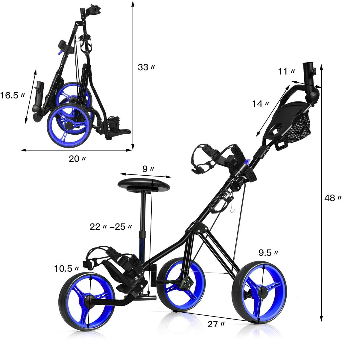 Golf Cart, Foldable 3 Wheel Golf Push Cart with Detachable Seat, Umbrella Holder & Scoreboard, Portable Lightweight Golf Pull Cart, Golf Bag Trolley for Golf Clubs