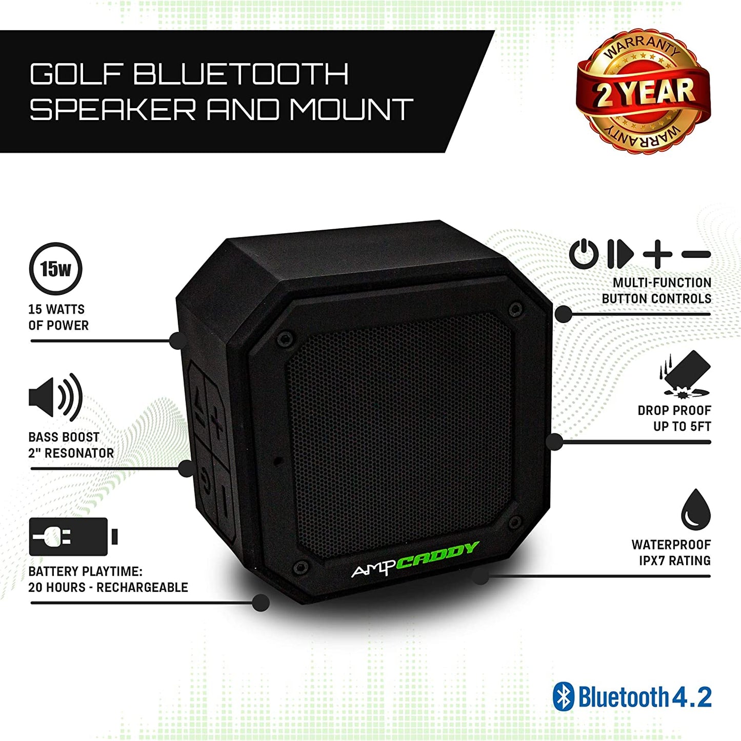 Ampcaddy Golf Bluetooth Speaker with Mount, Version 3 Pro Bluetooth Speaker and Mount with Loud Stereo Sound and Bass Boost, 20-Hour Playtime, Extended Bluetooth Range, Waterproof (15 Watts)