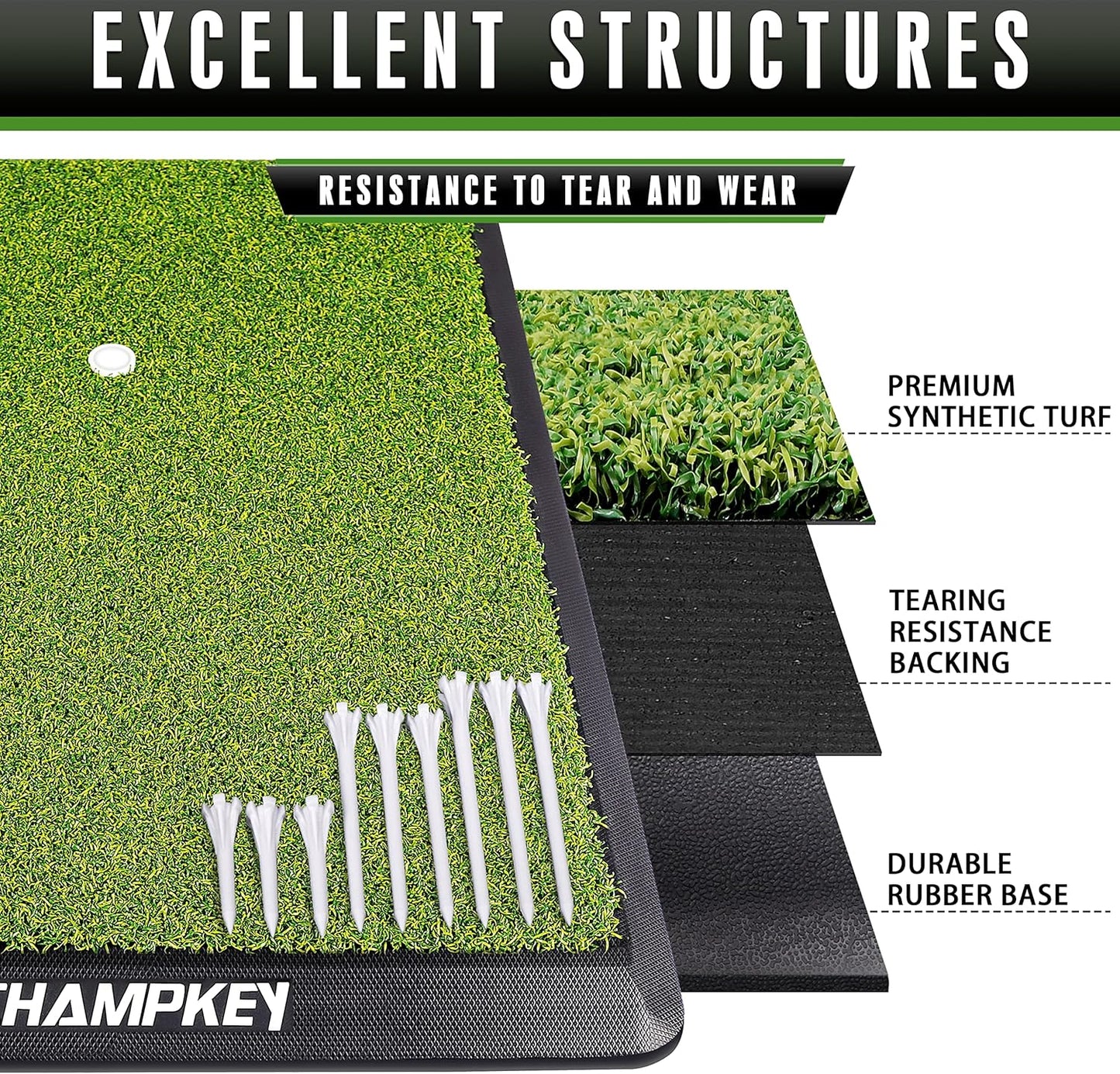 Premium Synthetic Turf Golf Hitting Mat | Heavy Duty Rubber Base Golf Practice Mat | Come with 1 Rubber Tee and 9 Plastic Tees