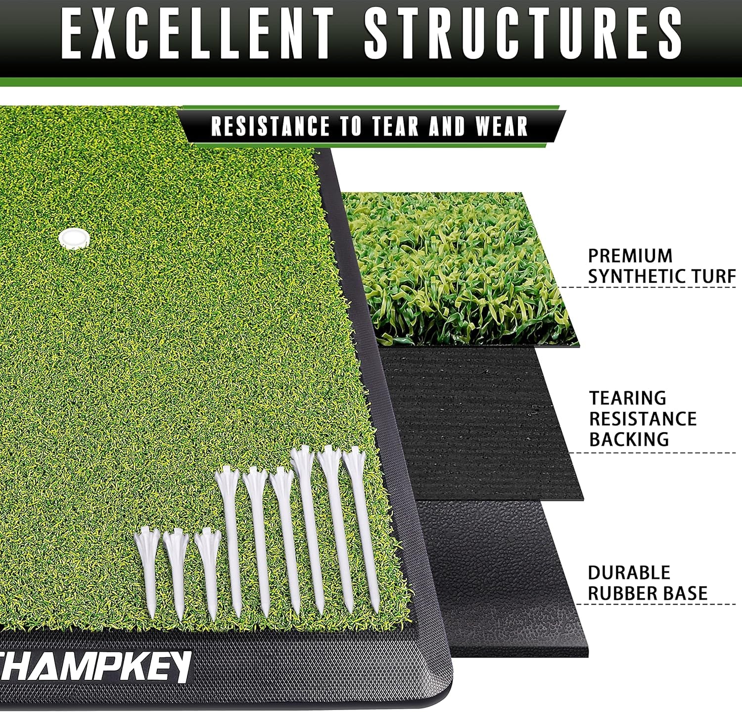 Premium Synthetic Turf Golf Hitting Mat | Heavy Duty Rubber Base Golf Practice Mat | Come with 1 Rubber Tee and 9 Plastic Tees