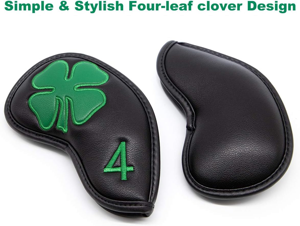 Golf Iron Covers,Golf Iron Head Covers Leather Golf Iron Covers Set 10Pcs Golf Iron Headcovers,Lucky Clover Golf Club Head Covers for Iron with Magic Tape Fit All Brands Titleist,Callaway,Ping