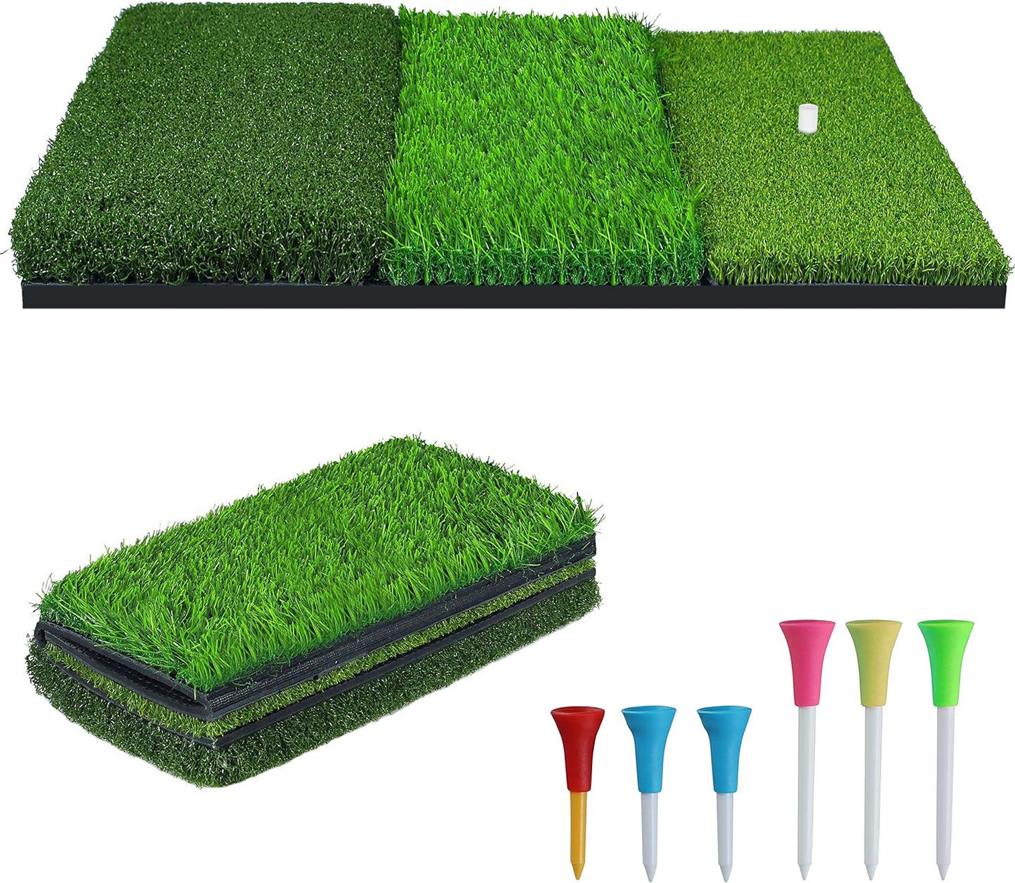 Golf Hitting Mat, 3-In-1 Foldable Golf Mat Indoor Outdoor, Tri-Turf Golf Practice Mat Traint Aid Batting for Chipping Swing Detection Portable Personal Driving Range for Backyard