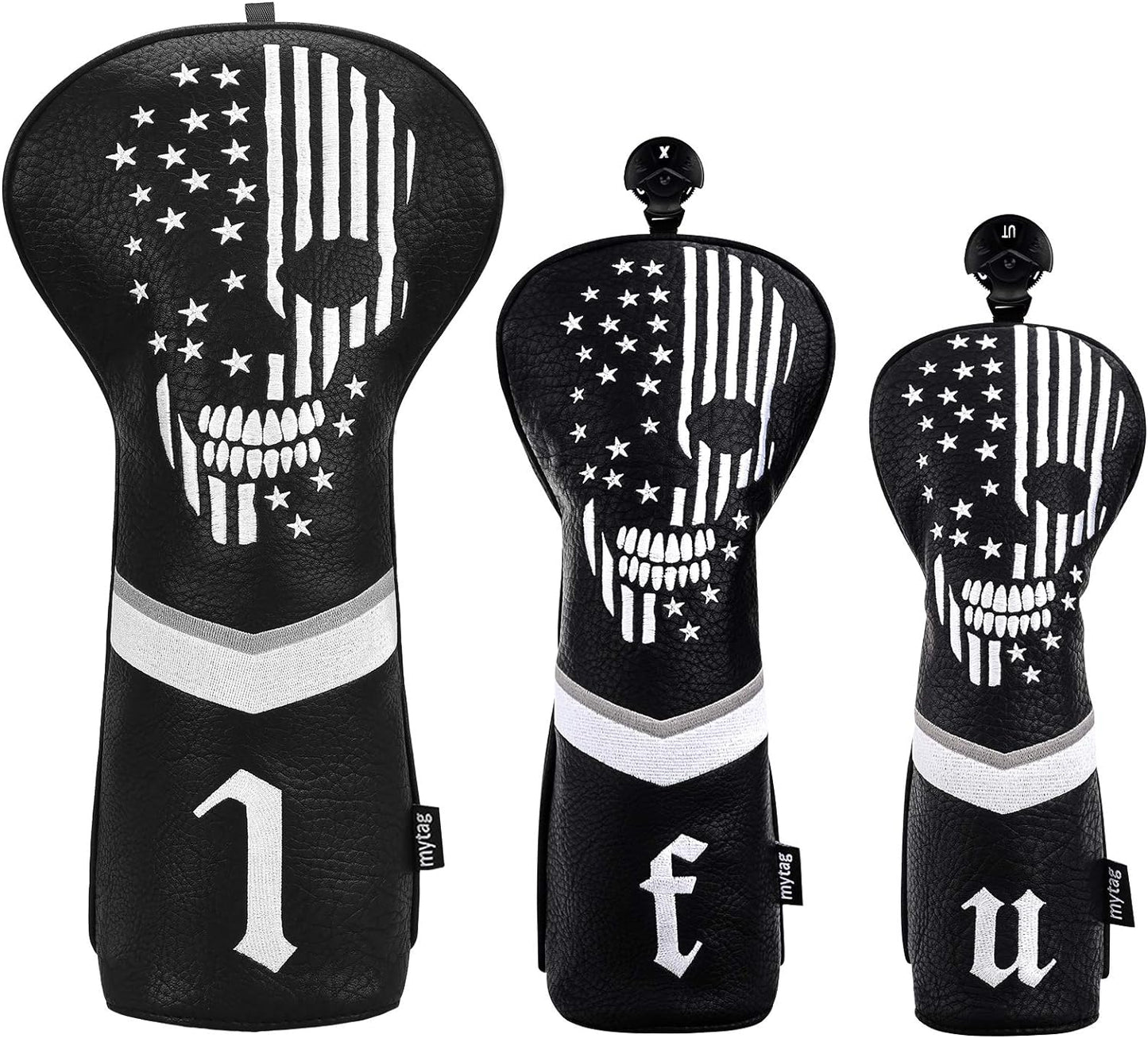 Golf Skull Skeleton Head Cover Golf Club Black Leather Headcovers Set Fits Driver Fairway Wood Hybrid Utility Putter Iron Wedge Headcover