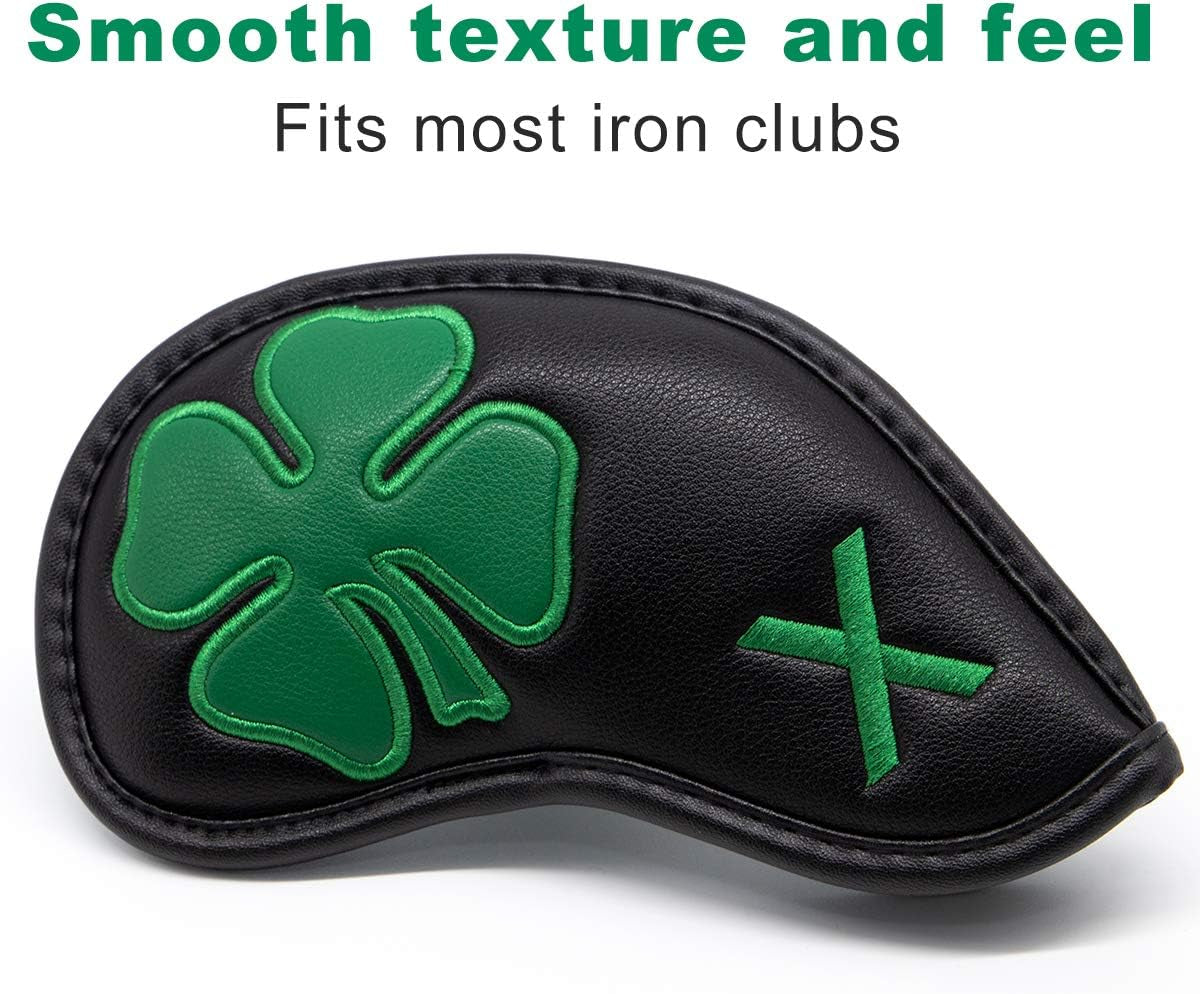 Golf Iron Covers,Golf Iron Head Covers Leather Golf Iron Covers Set 10Pcs Golf Iron Headcovers,Lucky Clover Golf Club Head Covers for Iron with Magic Tape Fit All Brands Titleist,Callaway,Ping