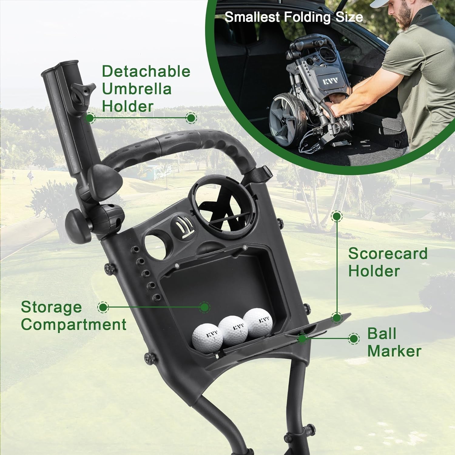 3 Wheel Golf Push Cart Ultra Lightweight Smallest Folding Size, New-Version Scorecard Holder