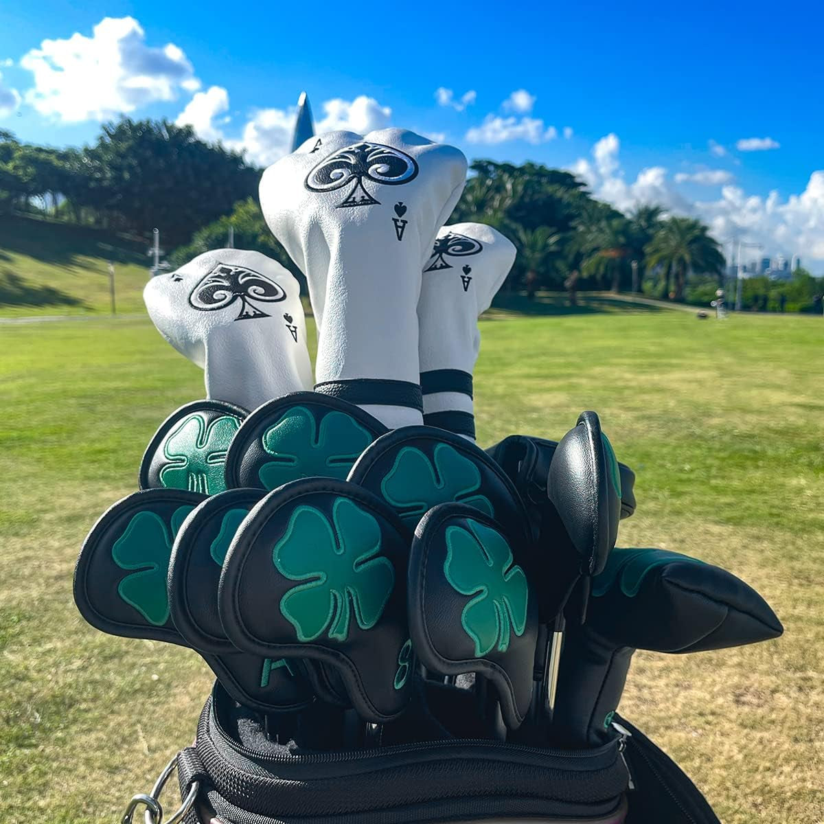 Golf Iron Covers,Golf Iron Head Covers Leather Golf Iron Covers Set 10Pcs Golf Iron Headcovers,Lucky Clover Golf Club Head Covers for Iron with Magic Tape Fit All Brands Titleist,Callaway,Ping