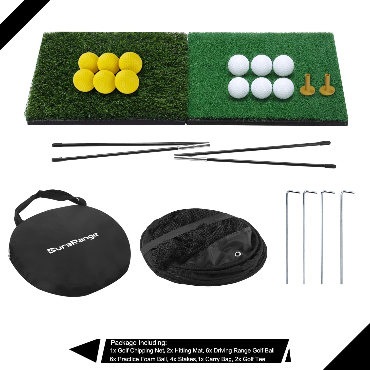 DURARANGE Pop-Up Golf Chipping Net Set - Foldable Training Kit with 2 Hitting Mats, 6 Practice Balls, 6 Foam Balls - Ultimate Golf Gift & Target Chipping Aids, Black