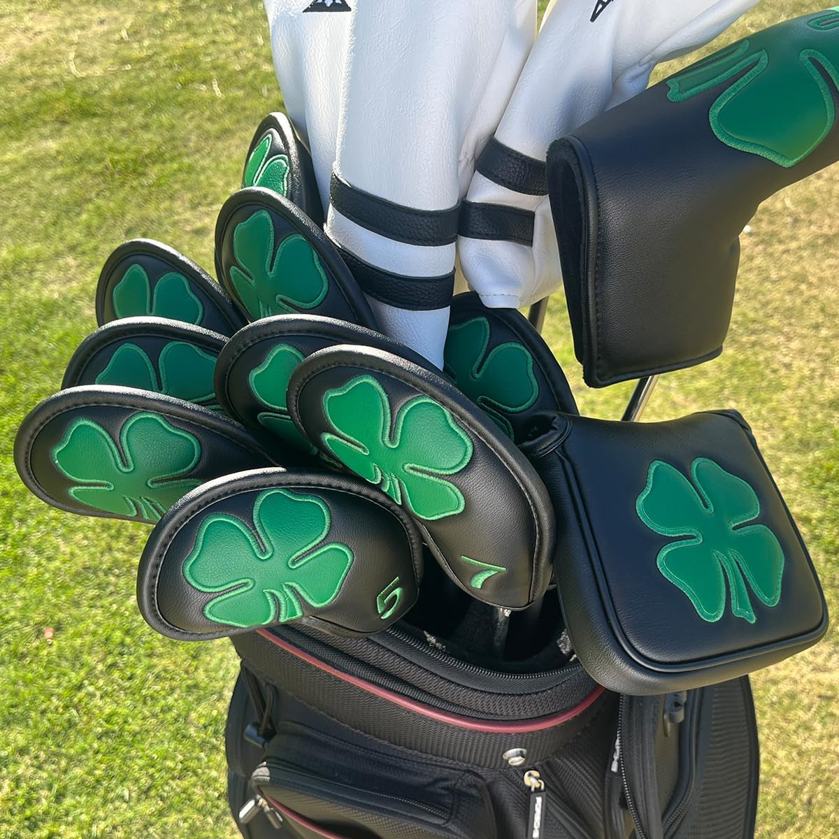 Golf Iron Covers,Golf Iron Head Covers Leather Golf Iron Covers Set 10Pcs Golf Iron Headcovers,Lucky Clover Golf Club Head Covers for Iron with Magic Tape Fit All Brands Titleist,Callaway,Ping