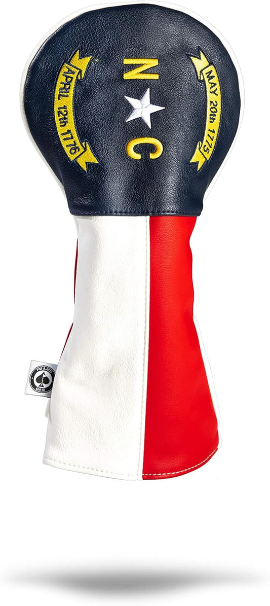 Pins & Aces North Carolina Tribute Premium Golf Club Head Cover - Premium, Hand-Made Leather Headcover - NC Flag Styled, Tour Quality Golf Club Cover - Style & Customize Your Golf Bag