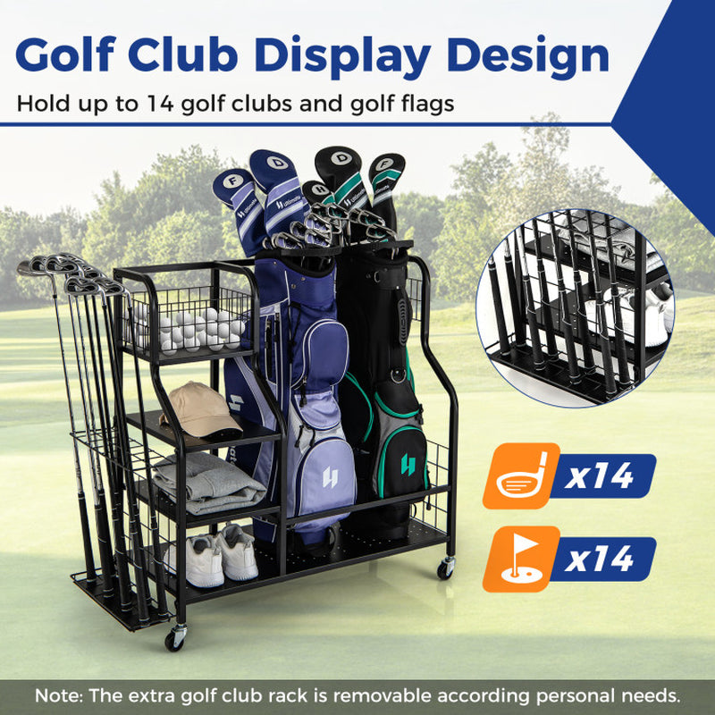 Golf Bag Organizer for 2 Golf Bags with Golf Clubs Rack and Lockable Wheels