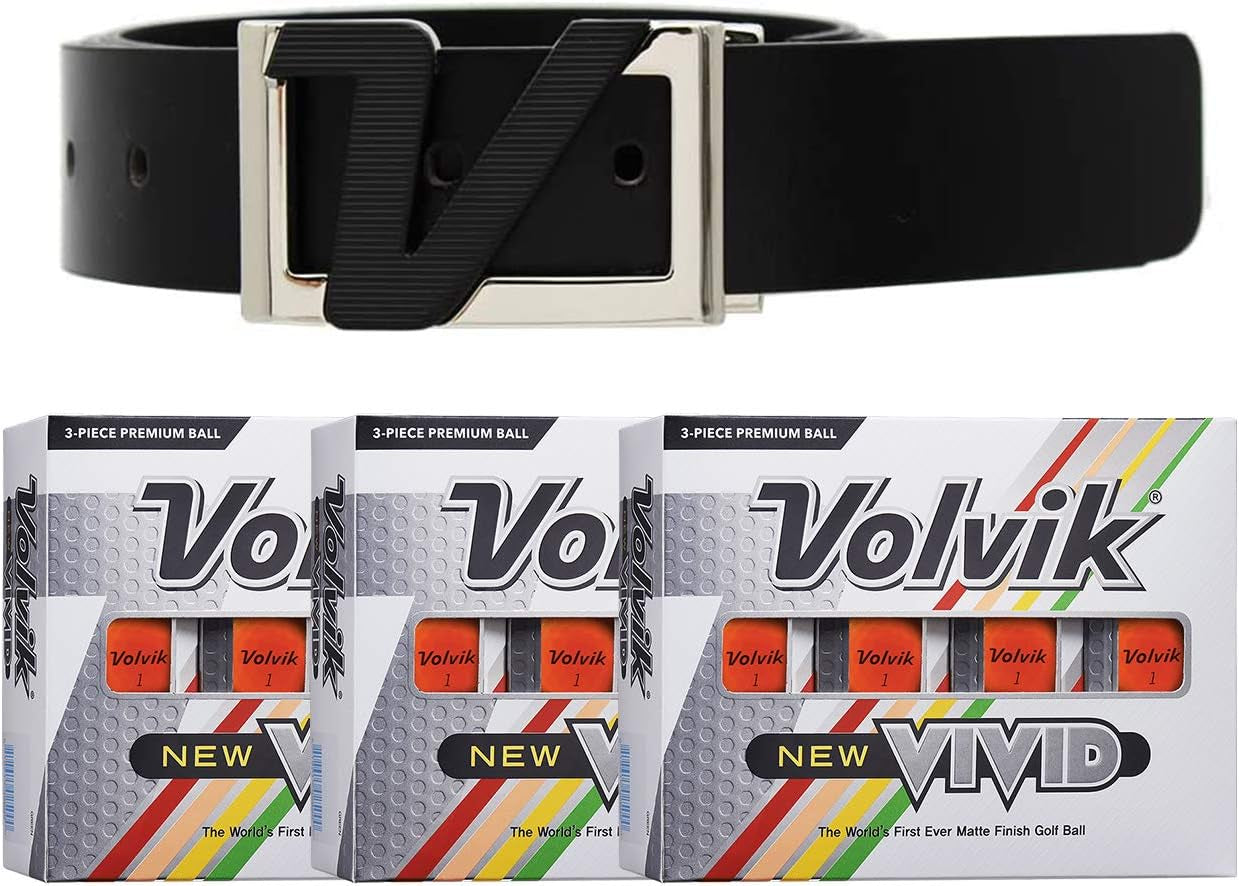 Volvik New Vivid 3-Piece High Visibility Premium Matte Finish Color Golf Balls 3 Dozen (36 Balls) Bundle with Genuine Italian Leather White Color Belt.