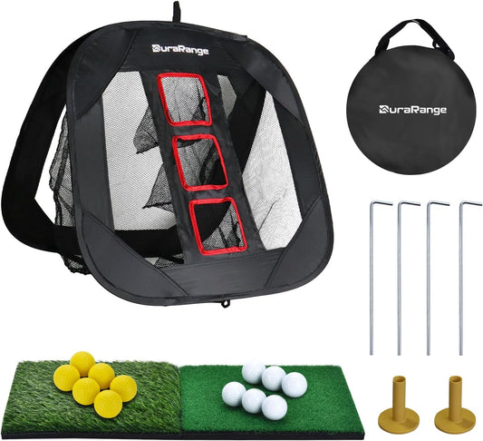 DURARANGE Pop-Up Golf Chipping Net Set - Foldable Training Kit with 2 Hitting Mats, 6 Practice Balls, 6 Foam Balls - Ultimate Golf Gift & Target Chipping Aids, Black