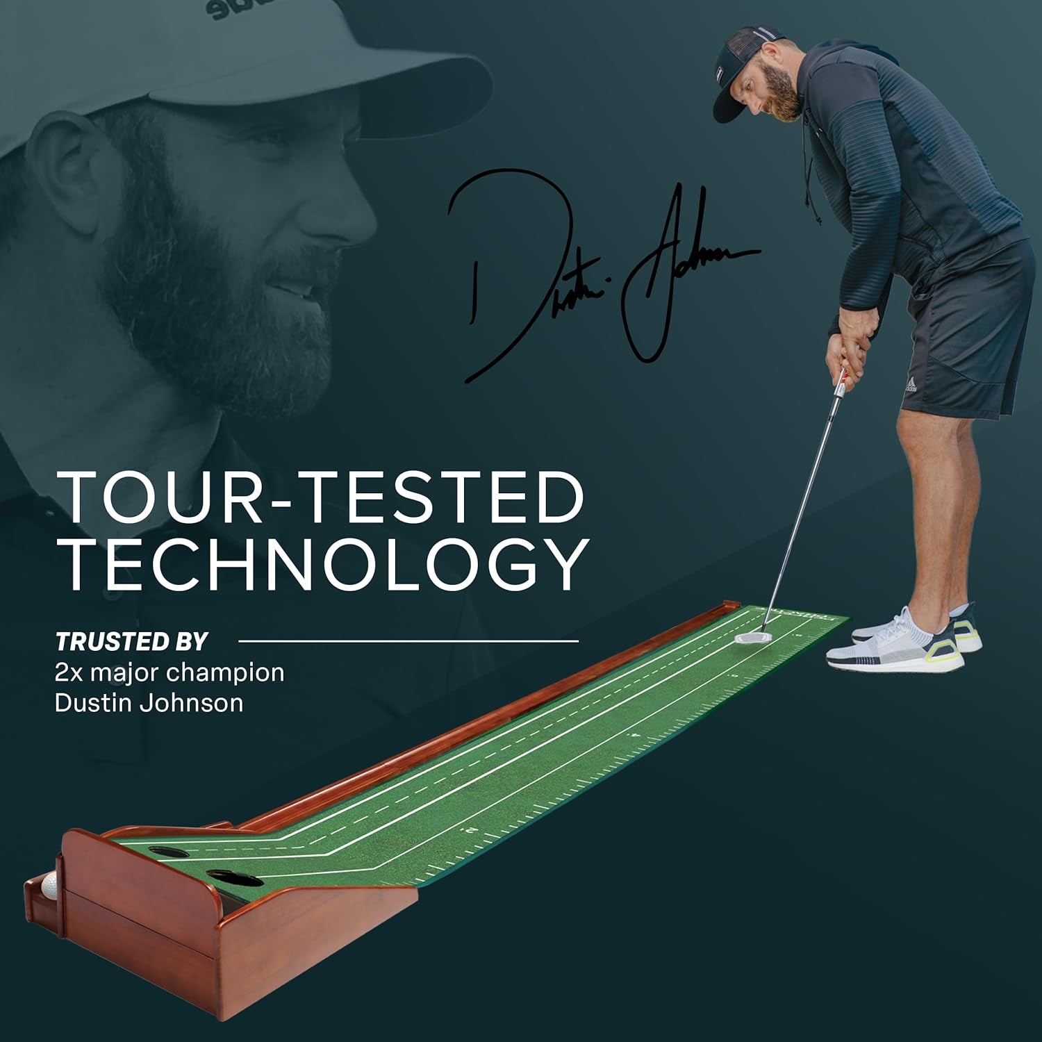 Official Putting Mat of Dustin Johnson - Indoor Golf Putting Green with 1/2 Hole Training for Mini Games & Practicing at Home or in the Office - Gifts for Golfers - Golf Accessories