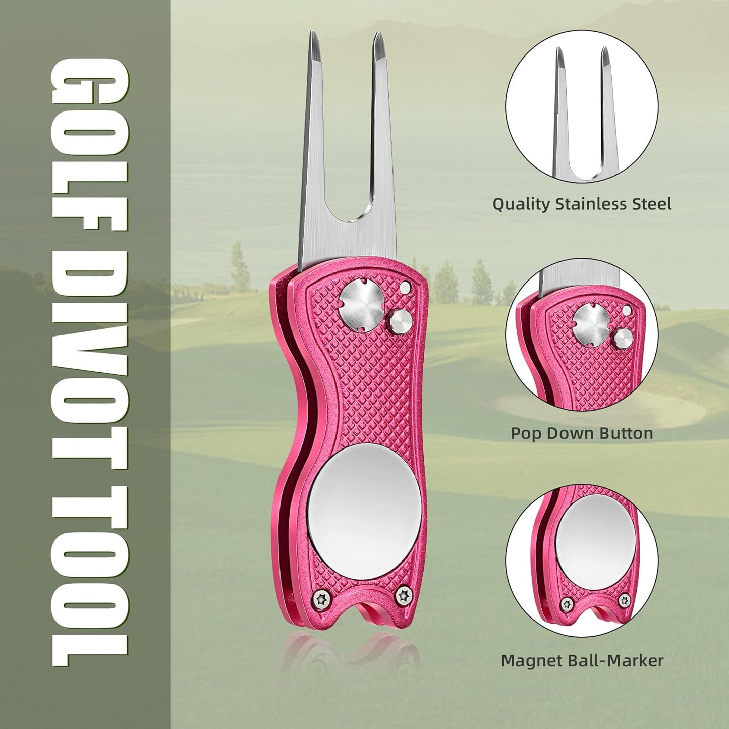 Golf Divot Repair Tool, All Metal Foldable Divot Tool with Pop-Up Button & Magnetic Ball Marker