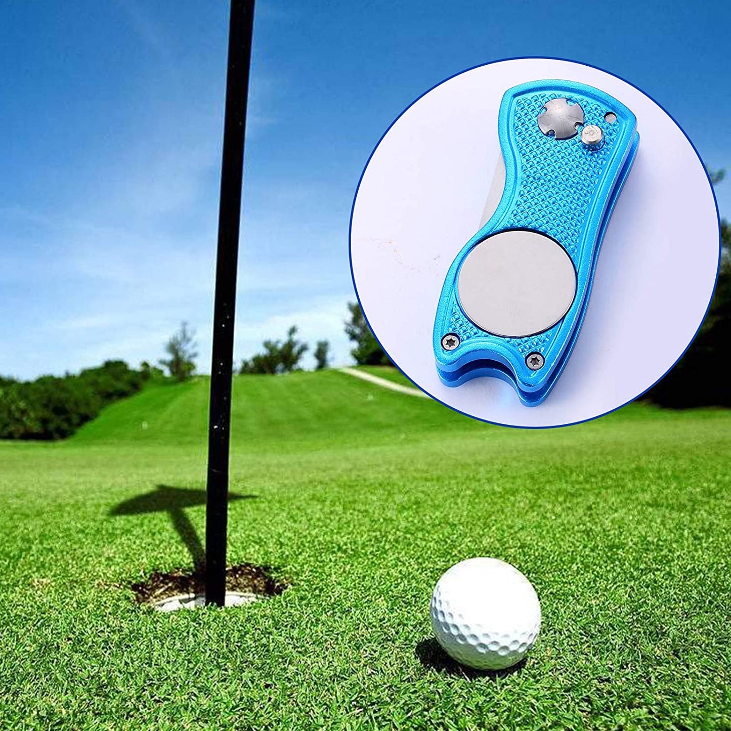 2 Pack Metal Foldable Golf Divot Tool with Pop-Up Button & Magnetic Ball Marker (Pack of 2, Fish Design)