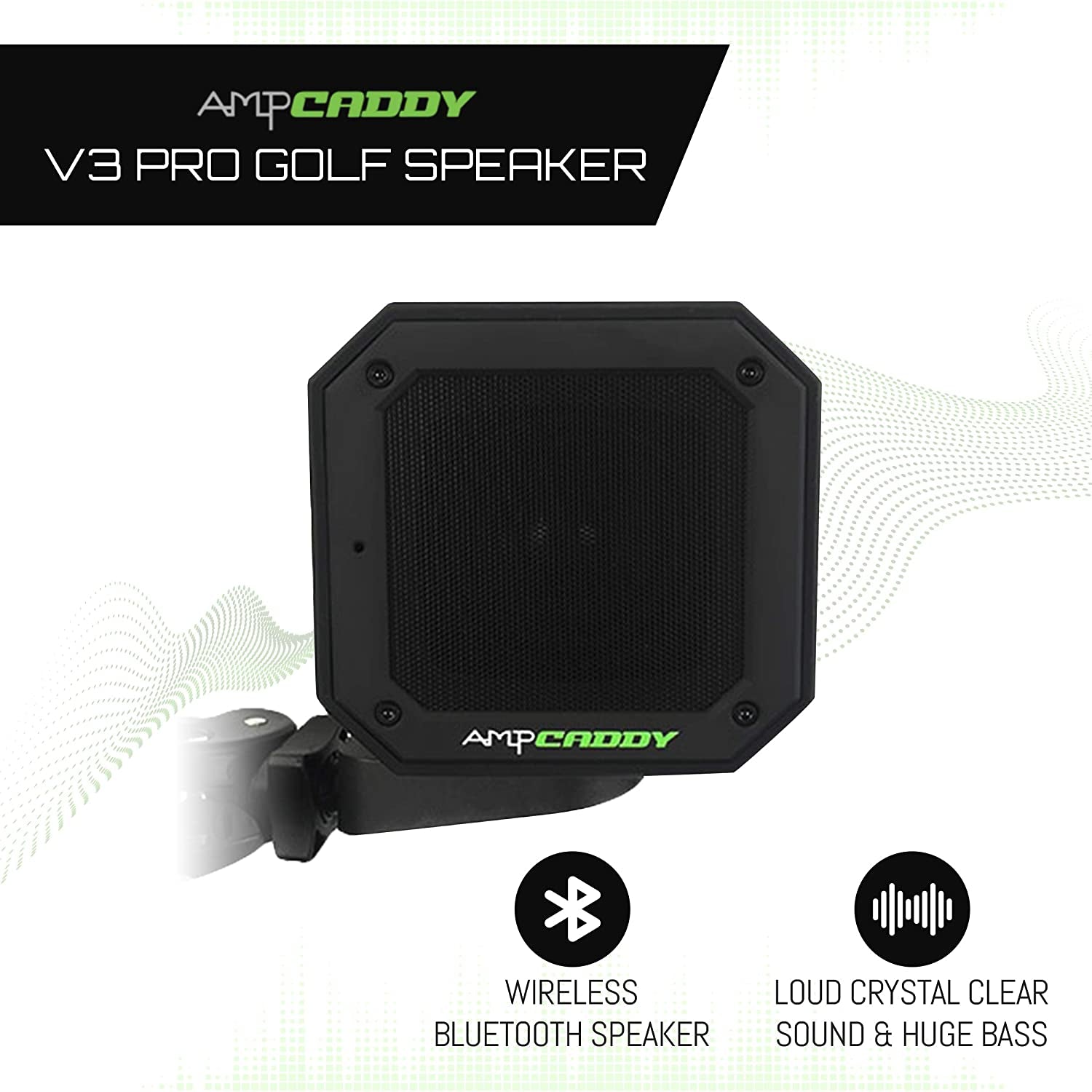 Ampcaddy Golf Bluetooth Speaker with Mount, Version 3 Pro Bluetooth Speaker and Mount with Loud Stereo Sound and Bass Boost, 20-Hour Playtime, Extended Bluetooth Range, Waterproof (15 Watts)