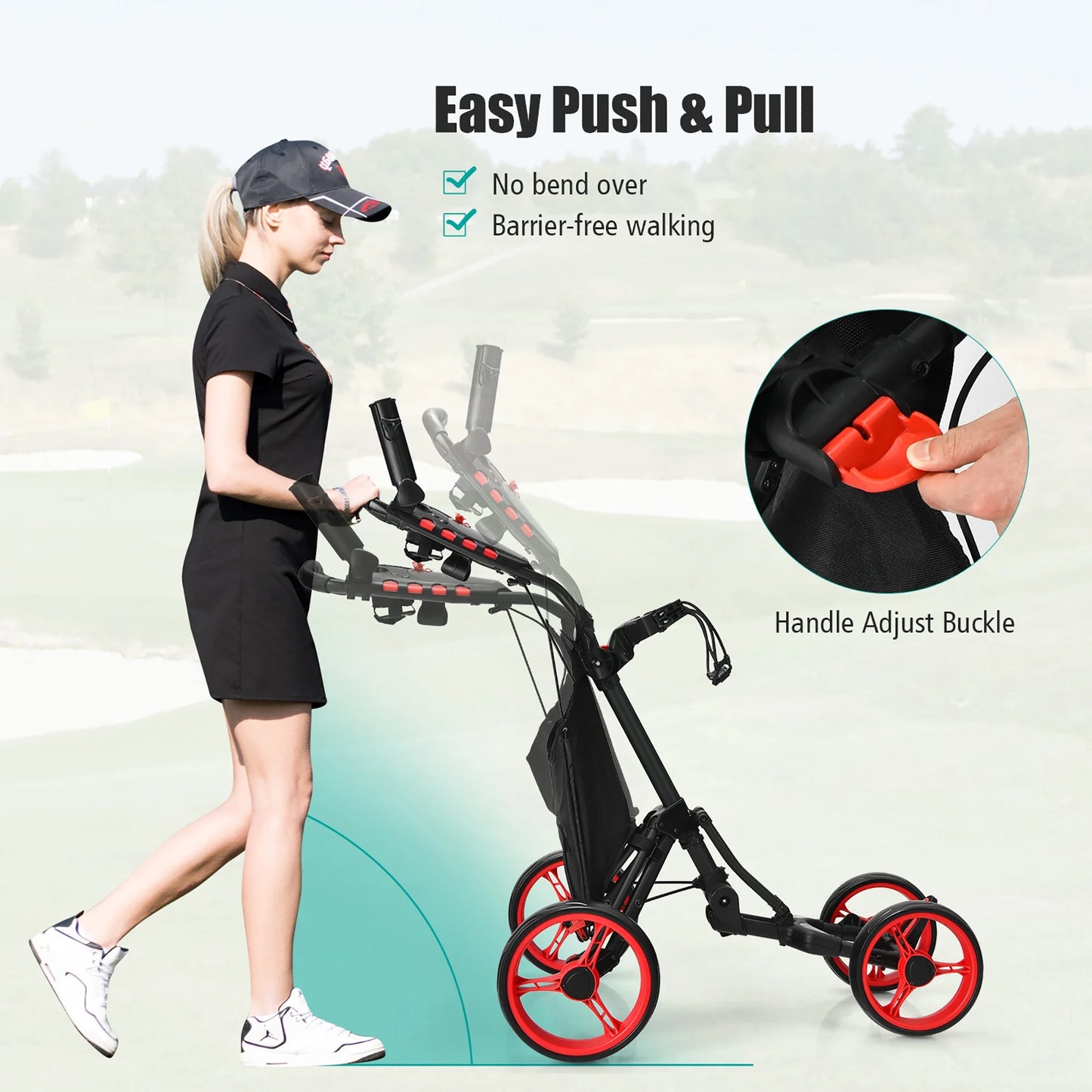 Goplus Folding 4 Wheels Golf Push Cart W/Bag Scoreboard Adjustable Handle Red