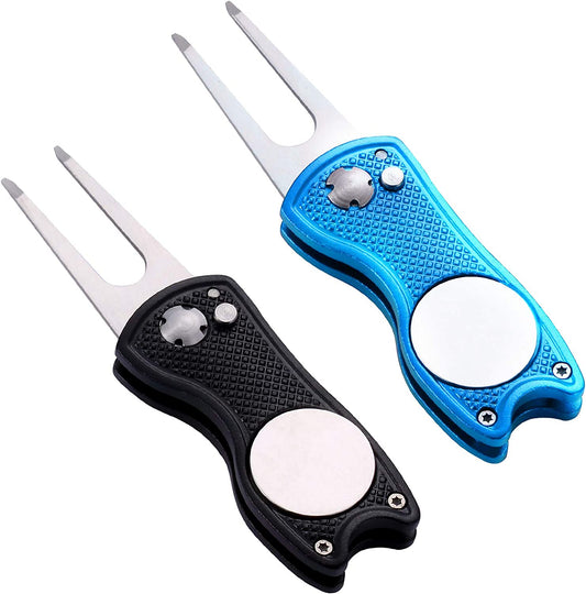 2 Pack Metal Foldable Golf Divot Tool with Pop-Up Button & Magnetic Ball Marker (Pack of 2, Fish Design)