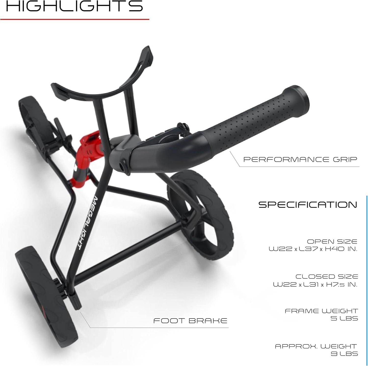 Golf Carts 3 Wheel Push Cart | 1-Step Folding Aircraft Grade Frame, Clear Design Concept Lightweight & Easy Handling