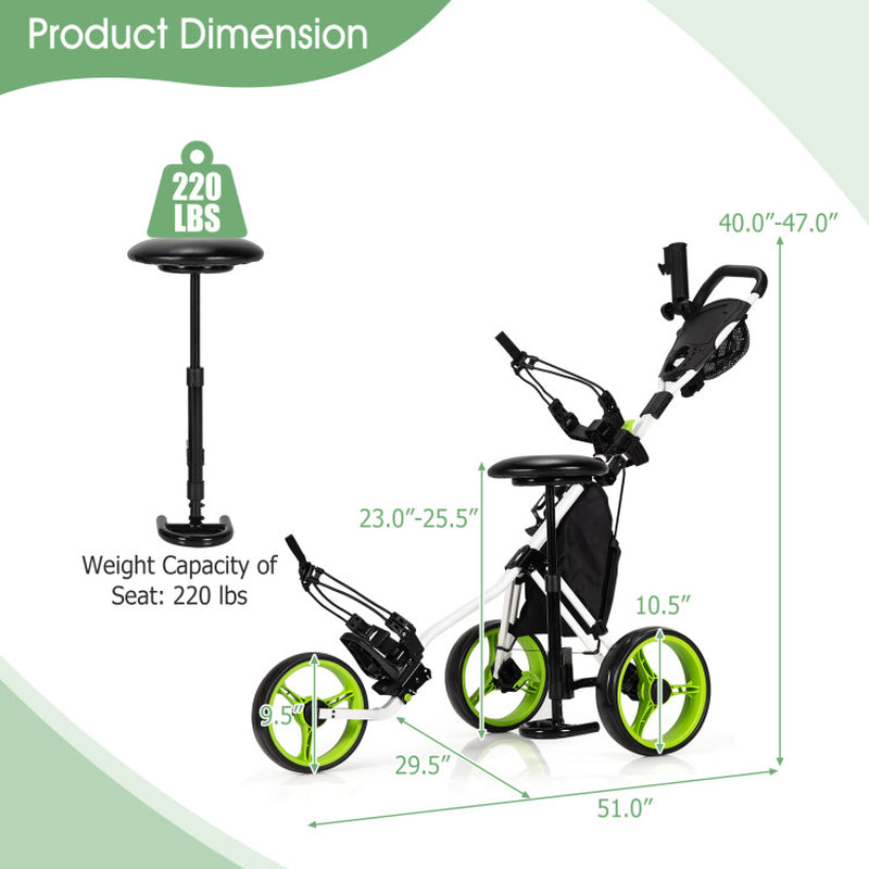 3 Wheel Folding Golf Push Cart with Seat Scoreboard and Adjustable Handle