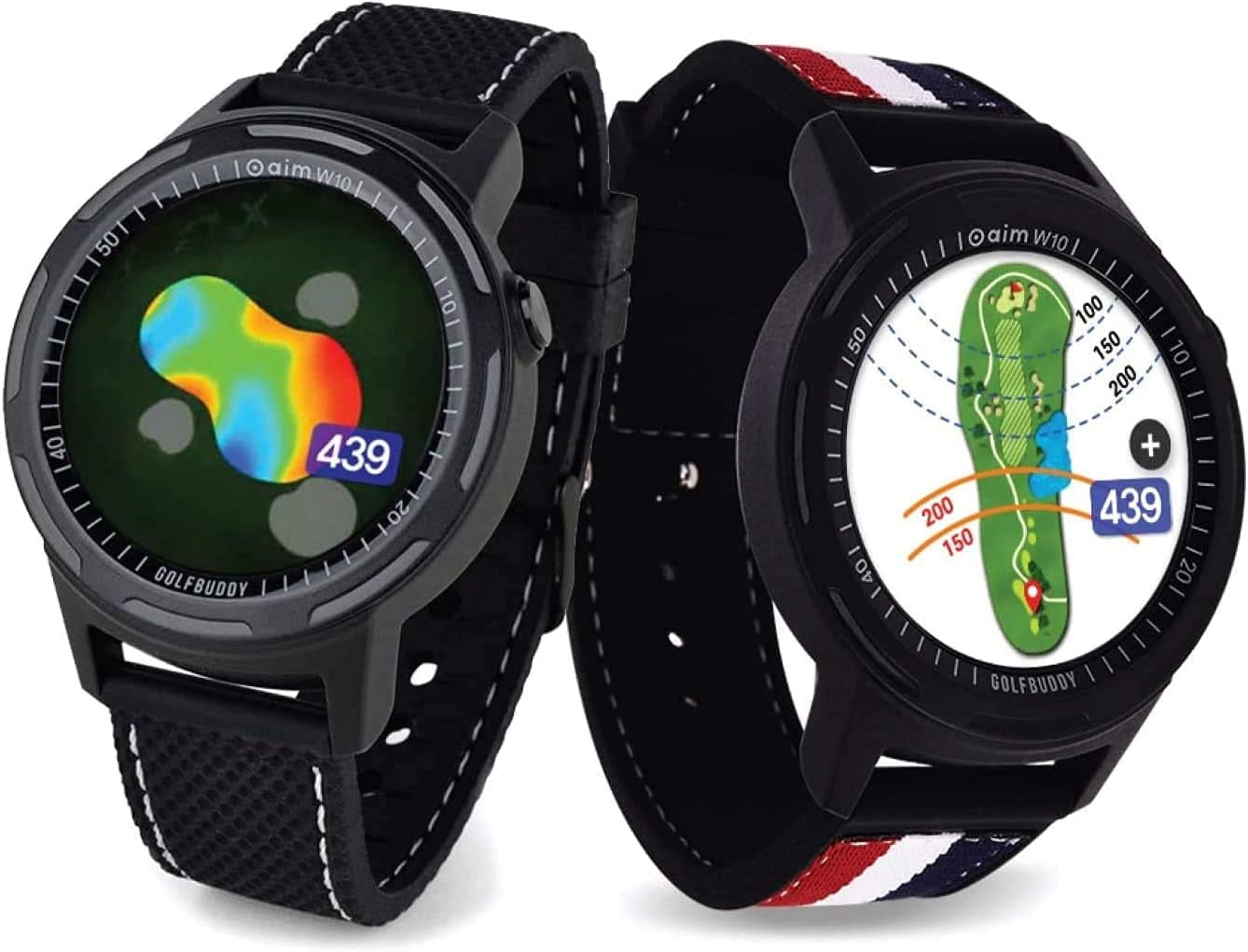 Aim W10 GPS Watch Aim W10 Golf GPS Watch with Red/White/Blue Wristband, Black, Medium