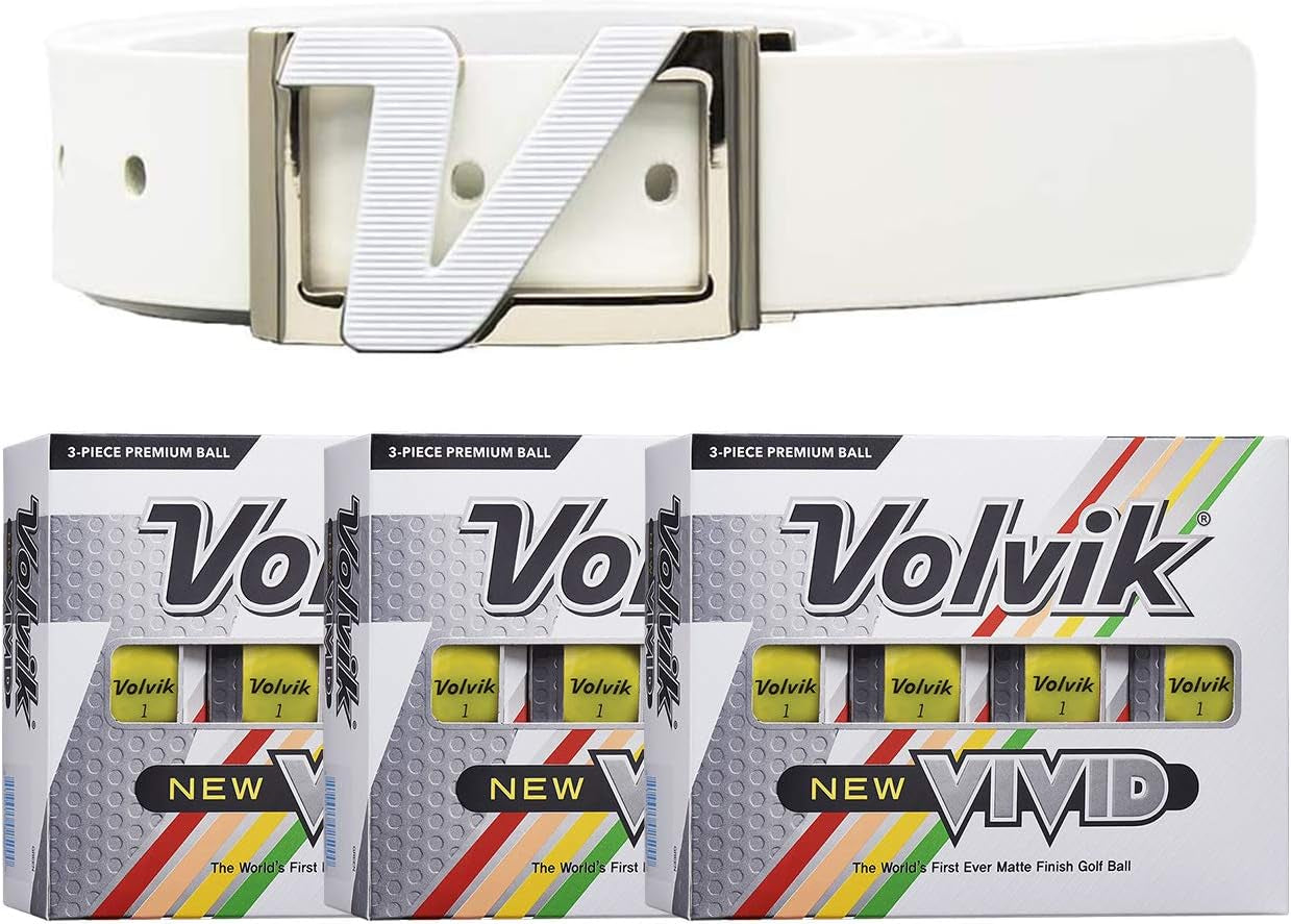 Volvik New Vivid 3-Piece High Visibility Premium Matte Finish Color Golf Balls 3 Dozen (36 Balls) Bundle with Genuine Italian Leather White Color Belt.