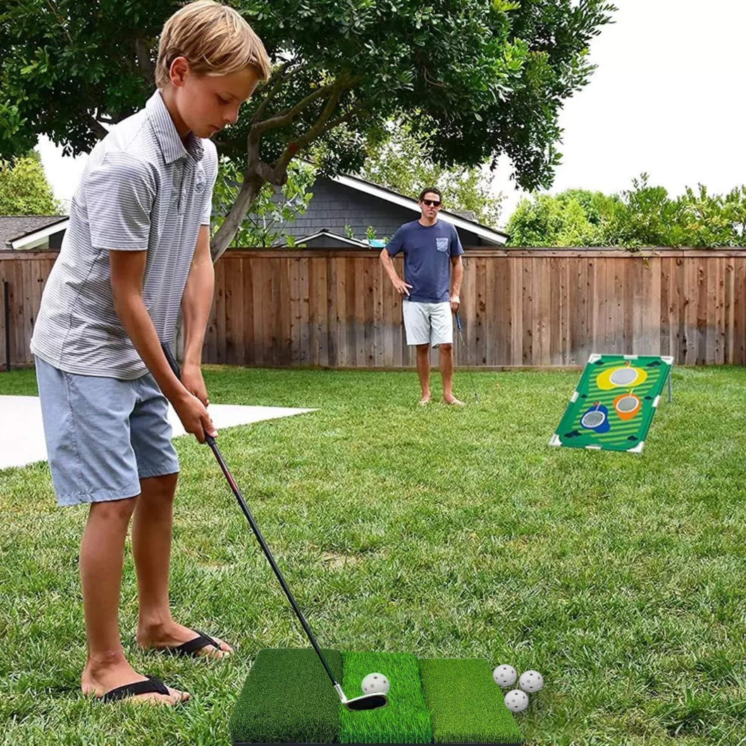 Golf Hitting Mat, 3-In-1 Foldable Golf Mat Indoor Outdoor, Tri-Turf Golf Practice Mat Traint Aid Batting for Chipping Swing Detection Portable Personal Driving Range for Backyard