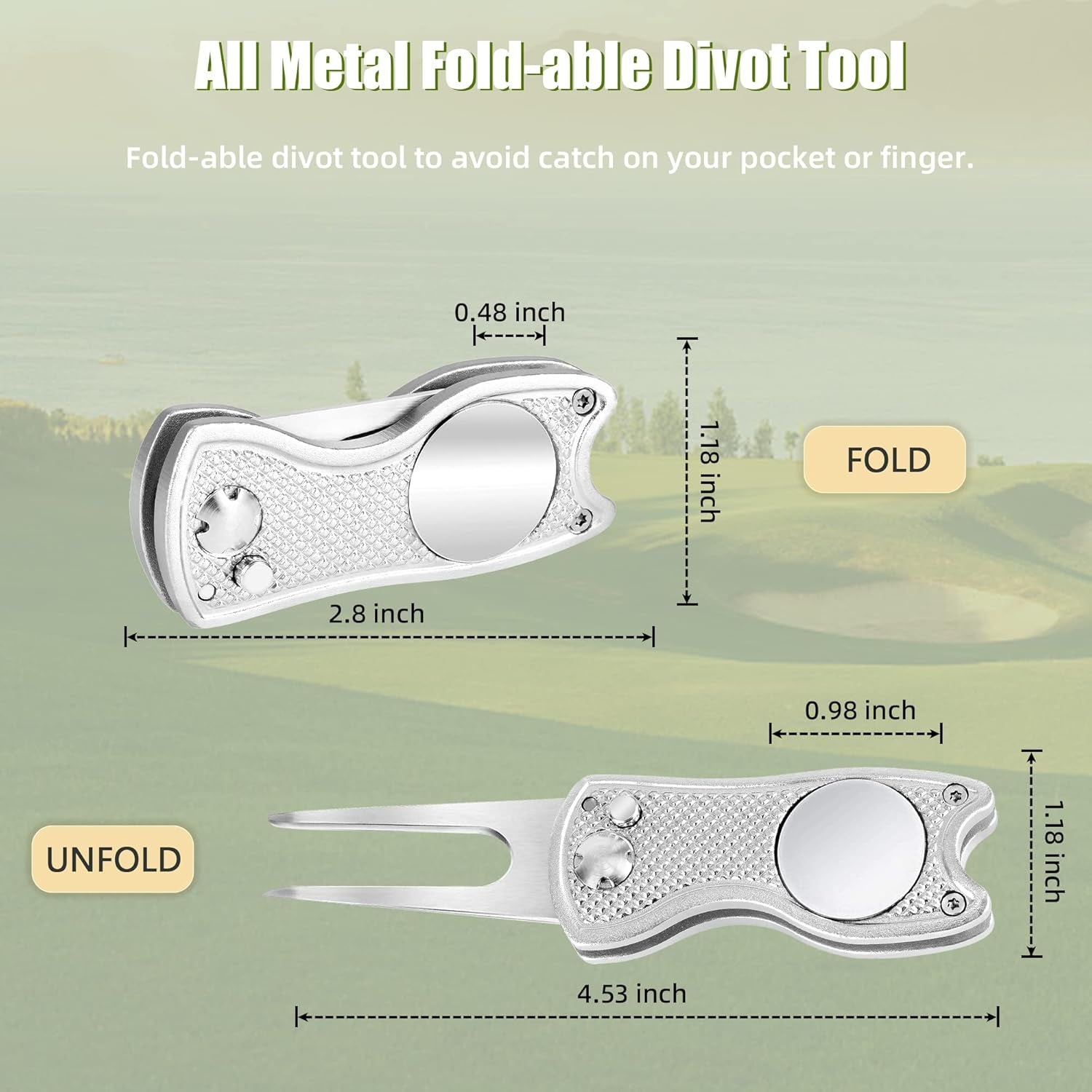 Golf Divot Repair Tool, All Metal Foldable Divot Tool with Pop-Up Button & Magnetic Ball Marker