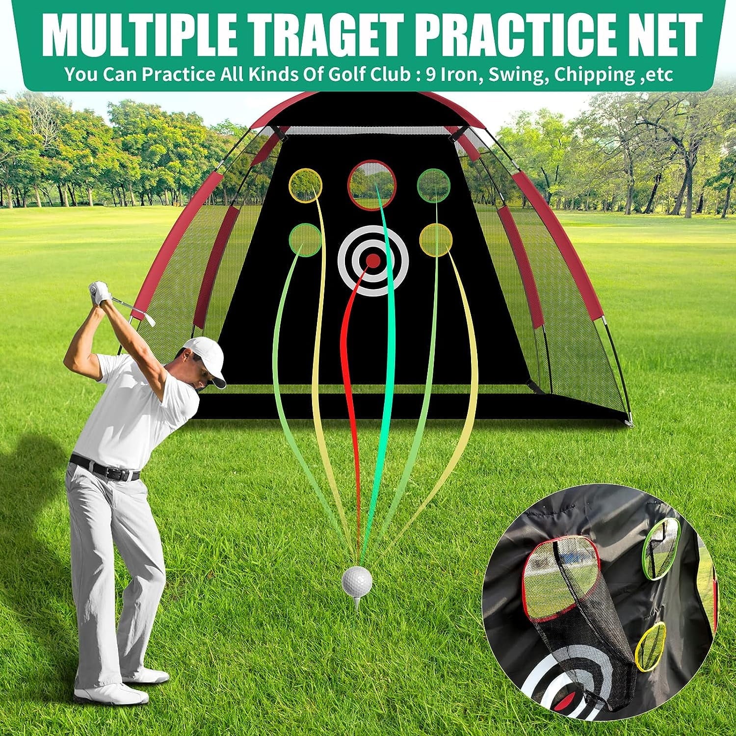 Golf Net with Hitting Mat, Golf Balls, Golf Tees, 10X7Ft Golf Practice Net W/ 3 Aim Golf Target, Portable Golf Training Net, Driving Net for Outdoor/Indoor/Backyard