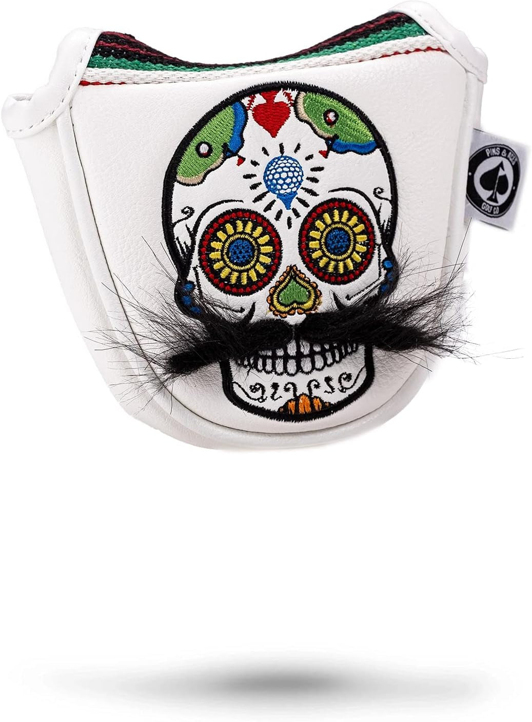 LE Sugar Skull Mustache Mallet Putter Head Cover - Premium, Hand-Made Leather Putter Headcover - Funny, Tour Quality Golf Club Cover - Style and Customize Your Golf Bag