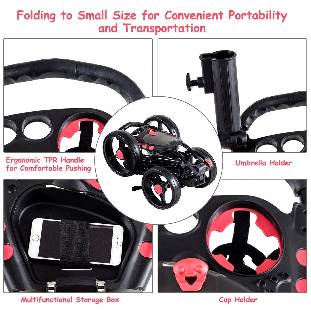 Folding 4 Wheel Golf Pull Push Cart Trolley Club Umbrella Scorecard Drink Holder