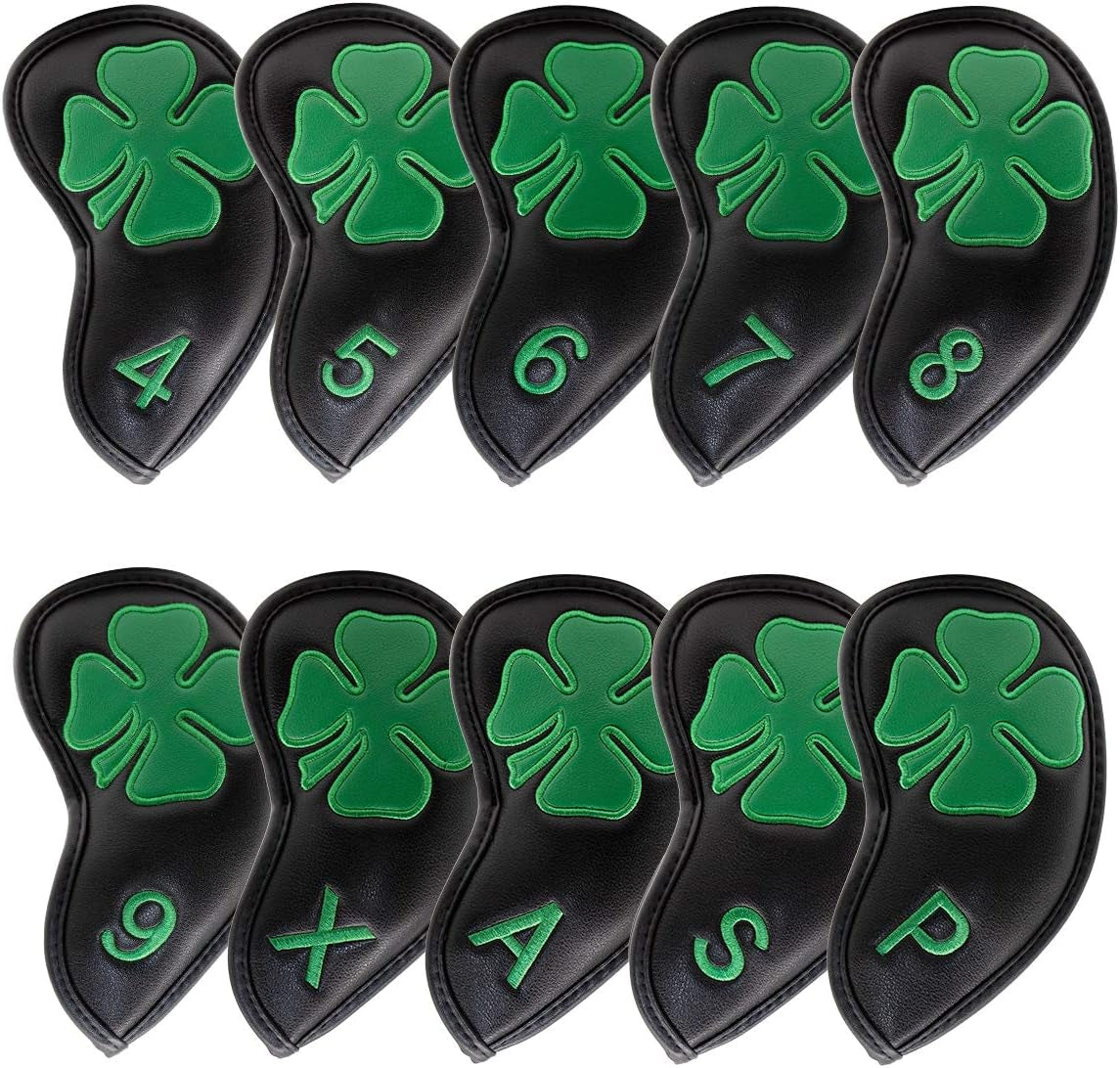 Golf Iron Covers,Golf Iron Head Covers Leather Golf Iron Covers Set 10Pcs Golf Iron Headcovers,Lucky Clover Golf Club Head Covers for Iron with Magic Tape Fit All Brands Titleist,Callaway,Ping