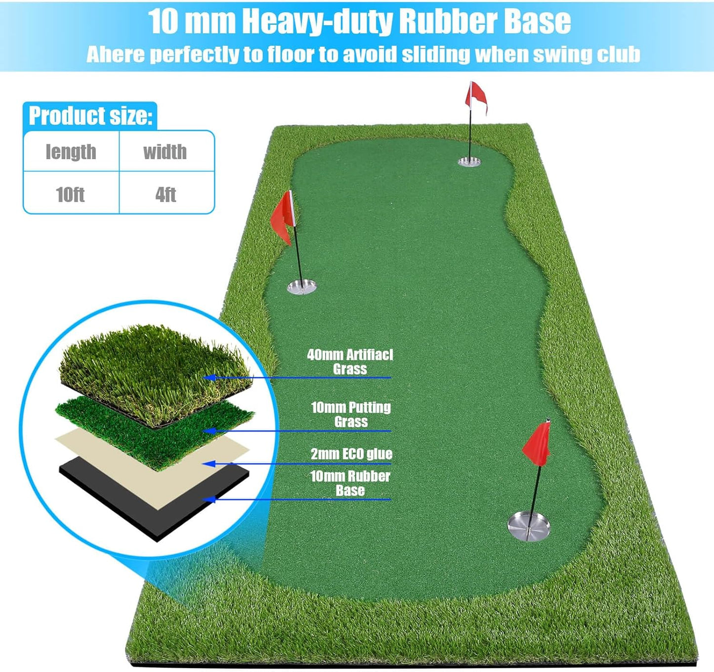 Golf Putting Green/Mat-Golf Training Mat- Professional Golf Practice Mat- Green Long Challenging Putter for Indoor/Outdoor