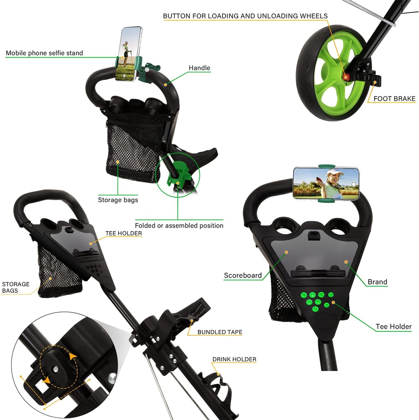 Golf Push Cart, Lightweight Collapsible 3 Wheels Golf Cart,Golf Carts with Scoreboard Bag Foot Brake, Cup & Mobile Phone Holder Golf Bag Cart.