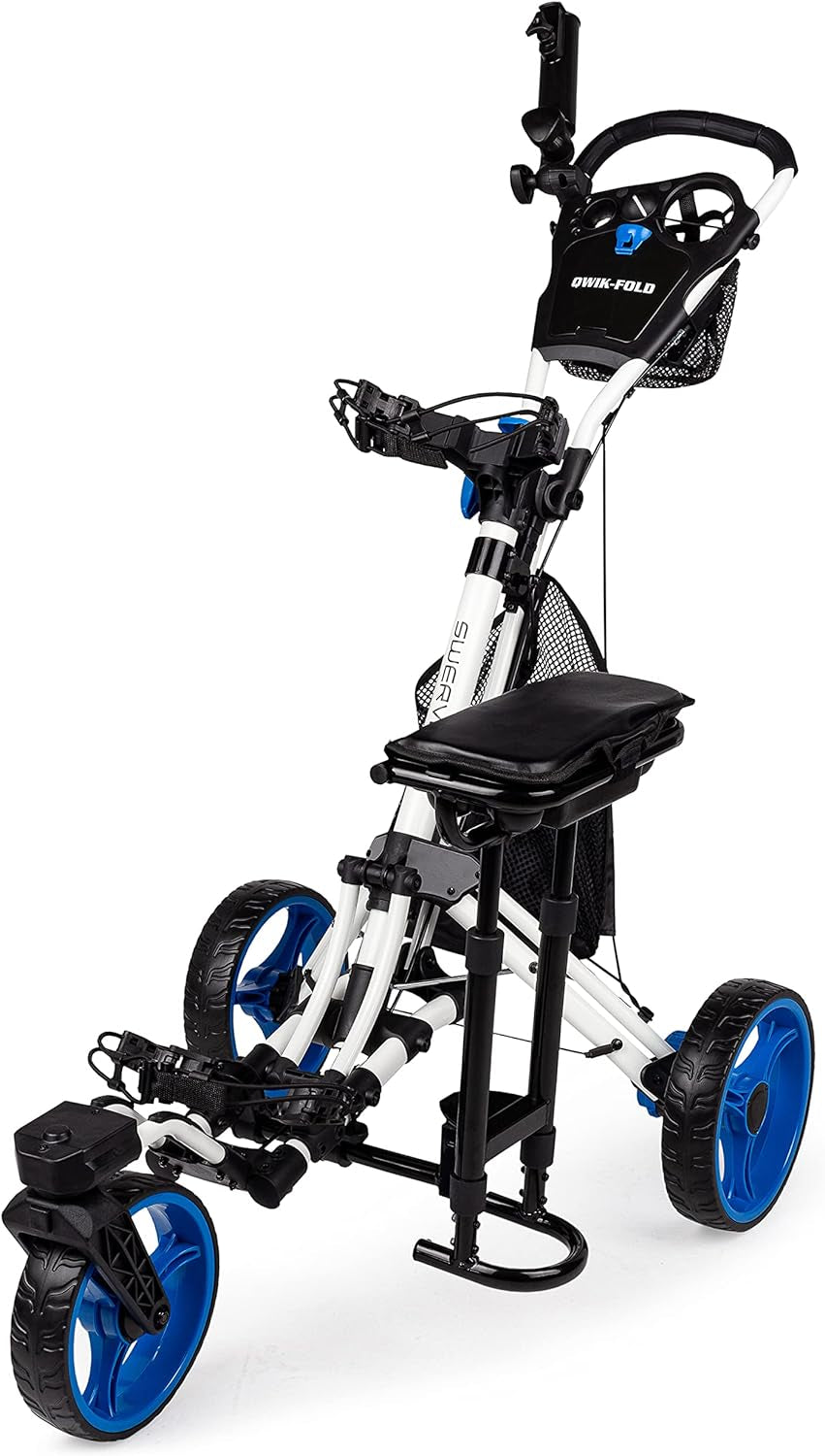 Swerve 3 Wheel Push Pull Golf Cart with Seat for Walking Free Umbrella Holder and Storage Bag