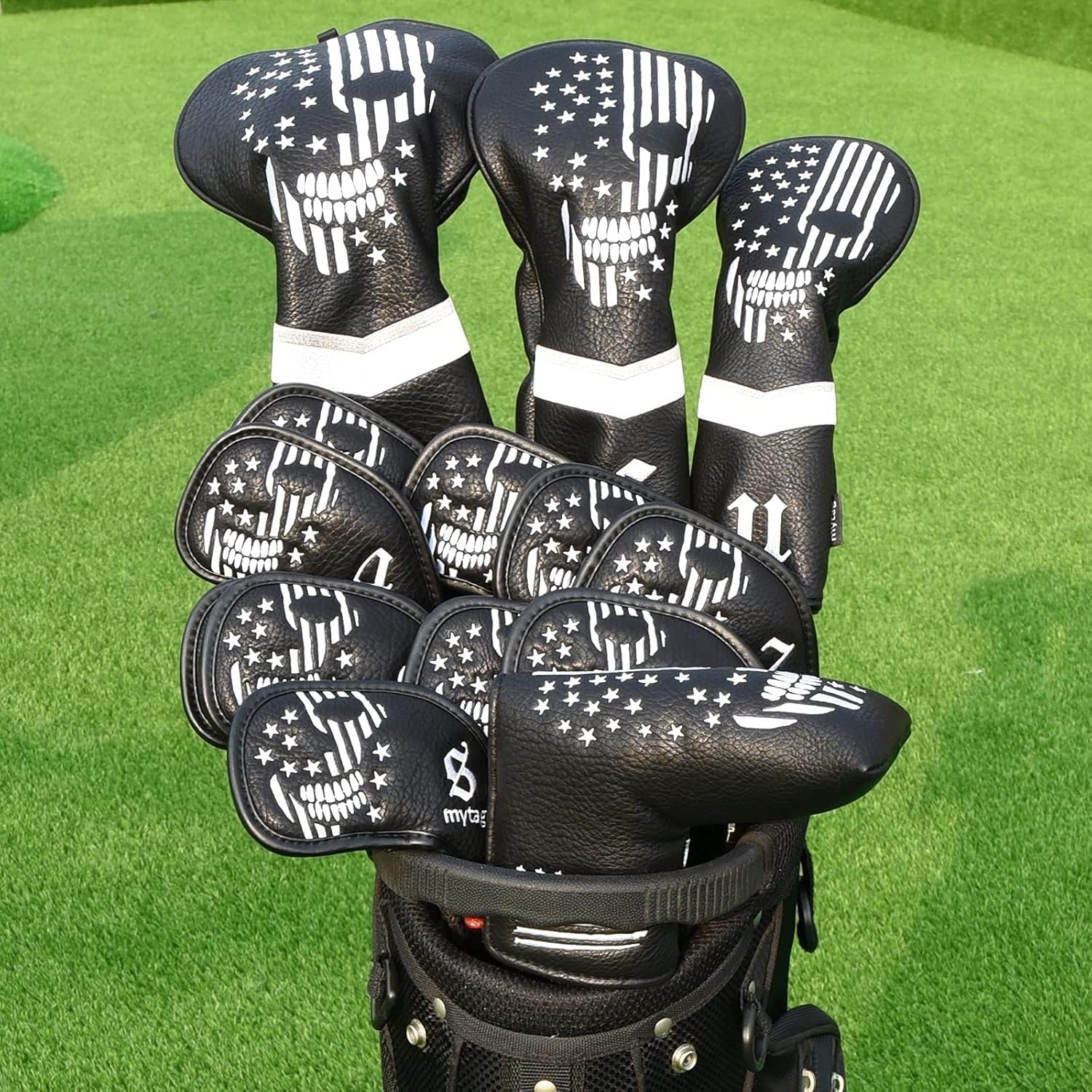 Golf Skull Skeleton Head Cover Golf Club Black Leather Headcovers Set Fits Driver Fairway Wood Hybrid Utility Putter Iron Wedge Headcover