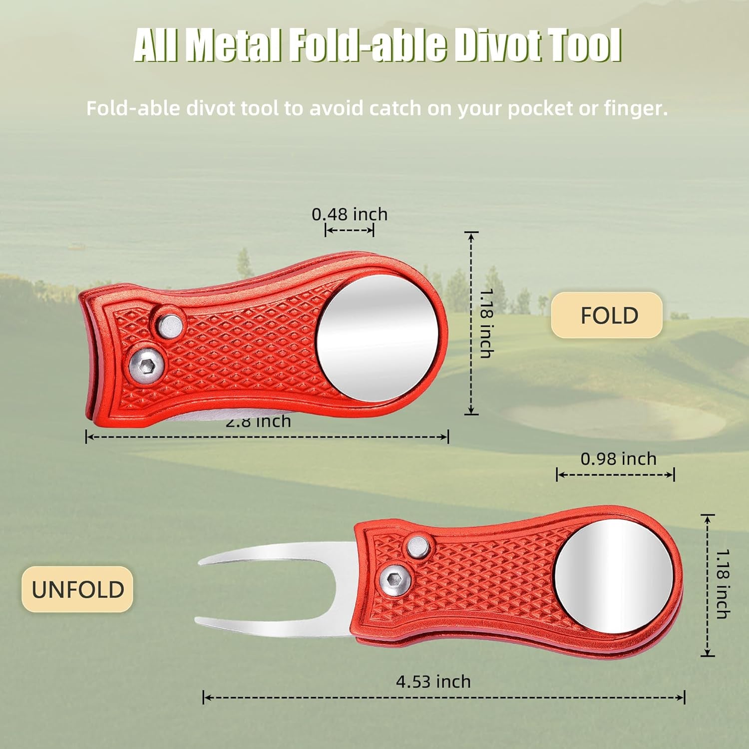 Golf Divot Repair Tool, All Metal Foldable Divot Tool with Pop-Up Button & Magnetic Ball Marker