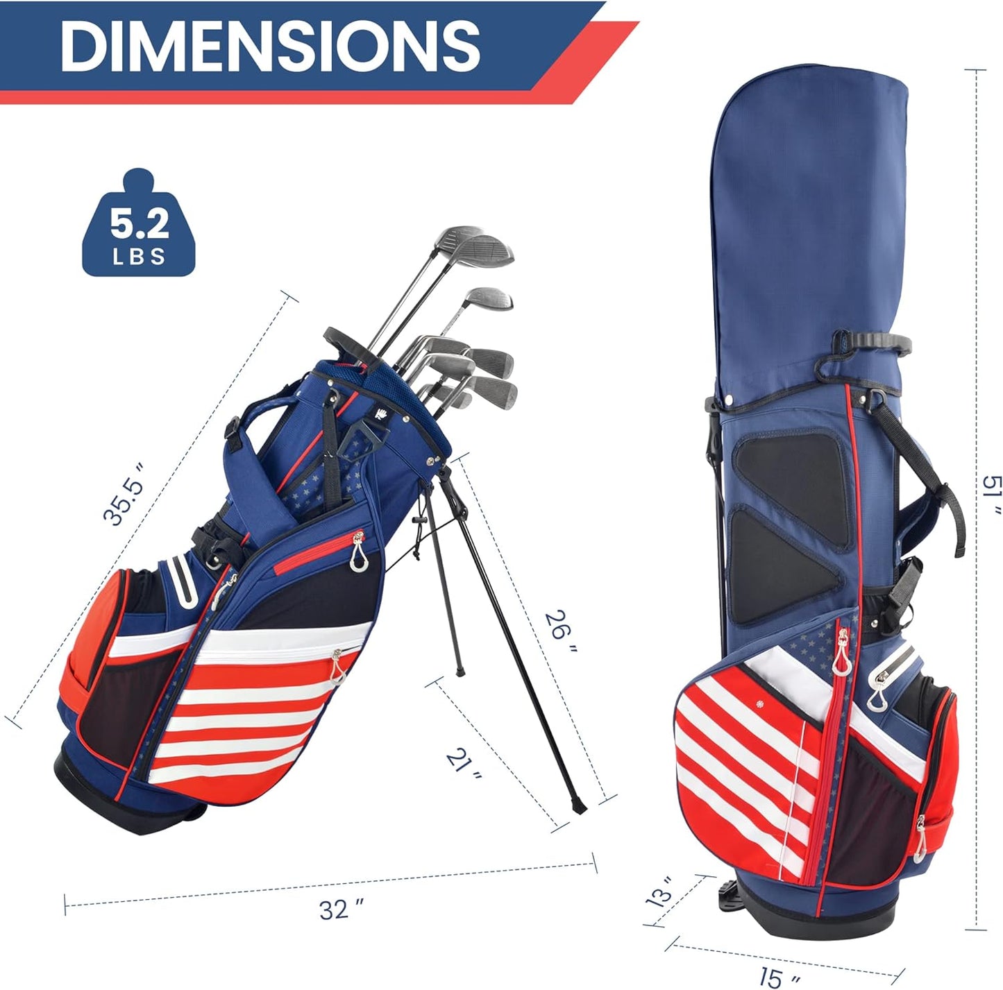 Golf Stand Bag, Lightweight 14 Way Top Dividers Golf Carry Bag with 8 Pockets, USA Stars & Stripes Golf Bag for Golf Club Golf Cart for Men & Women