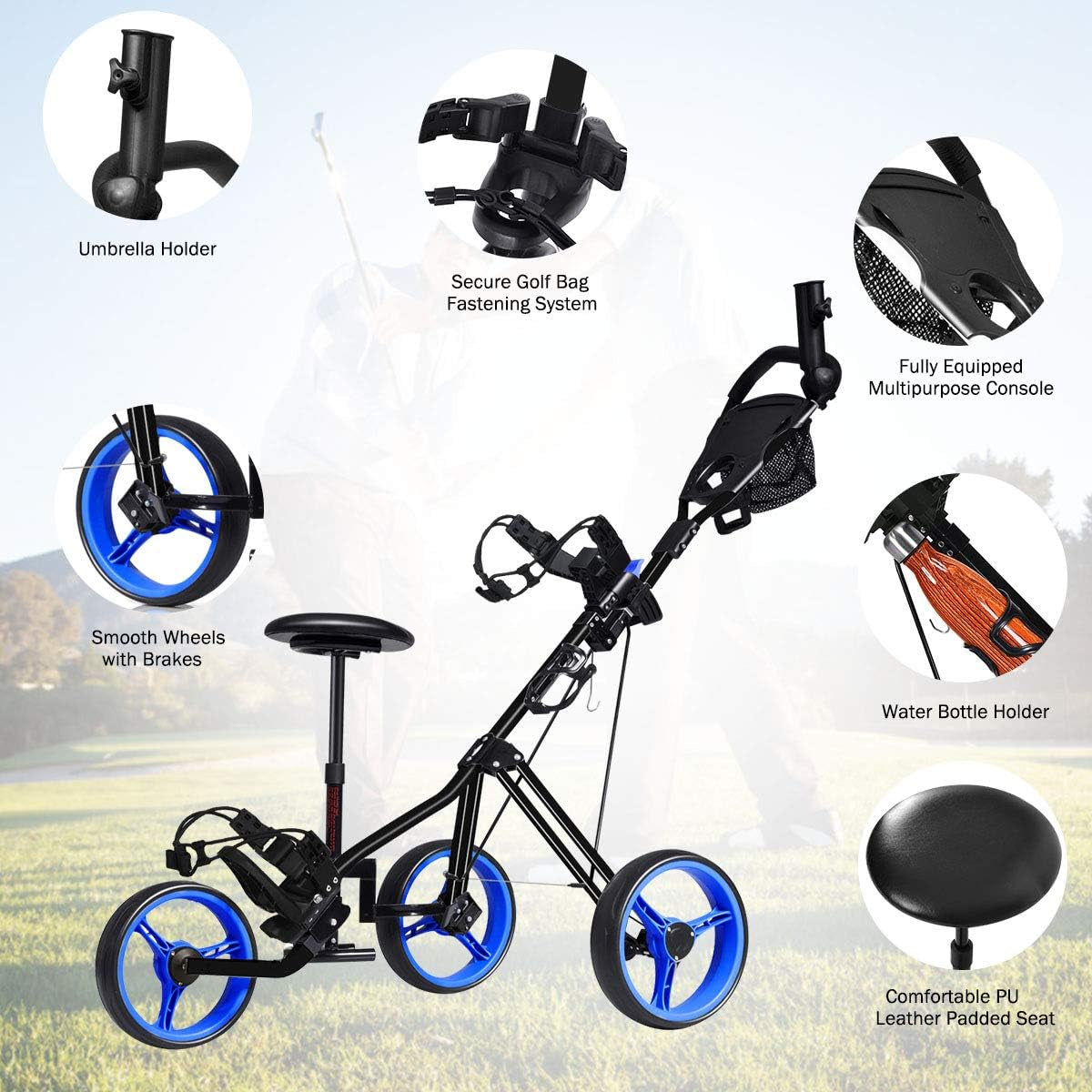 Golf Cart, Foldable 3 Wheel Golf Push Cart with Detachable Seat, Umbrella Holder & Scoreboard, Portable Lightweight Golf Pull Cart, Golf Bag Trolley for Golf Clubs