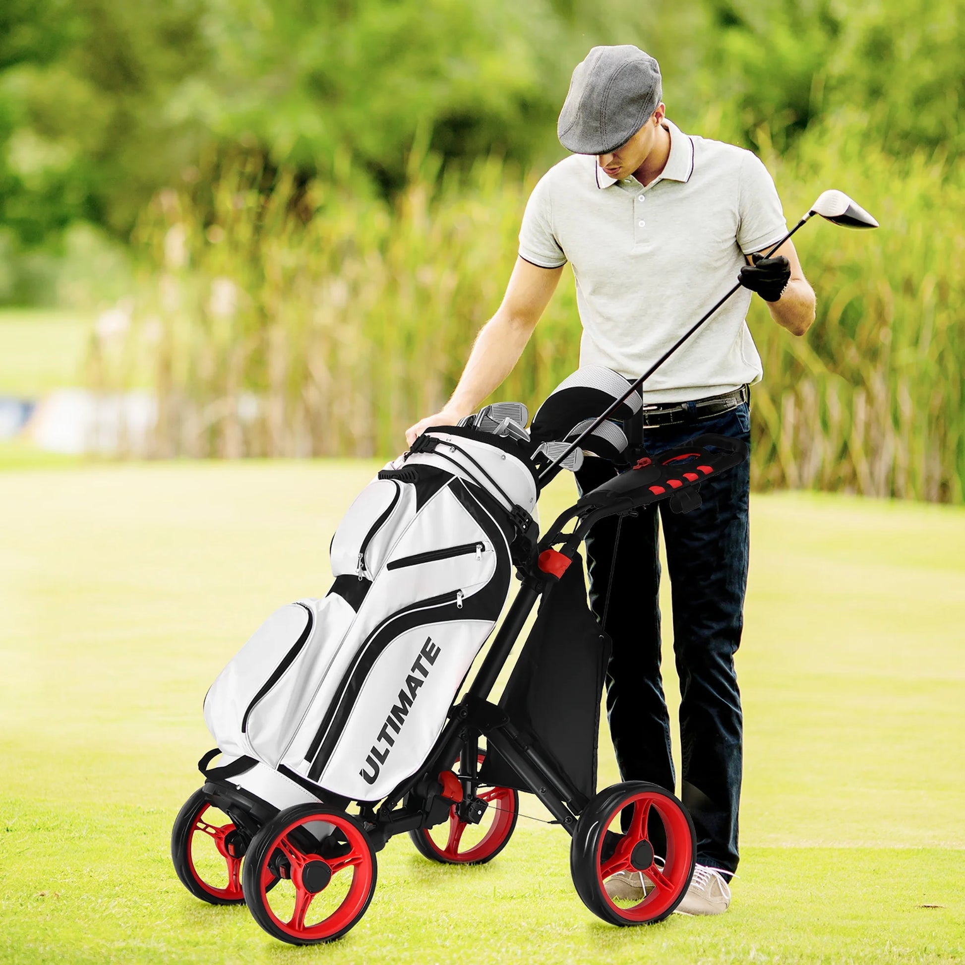 Goplus Folding 4 Wheels Golf Push Cart W/Bag Scoreboard Adjustable Handle Red