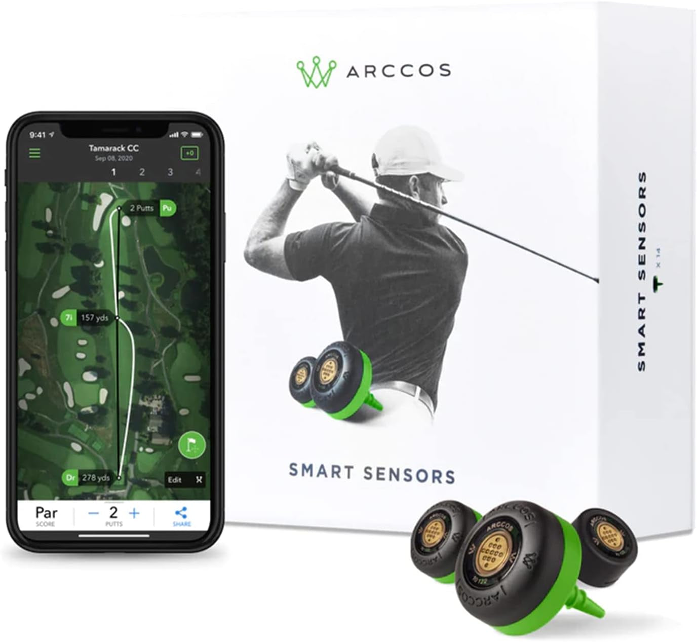 Arccos Caddie Smart Sensors 3Rd Gen+ Power Bundle with  Portable Charger - Set of 14 Golf Shot Tracker System - A.I. Powered Rangefinder - on Course Swing Analyzer for Every Club