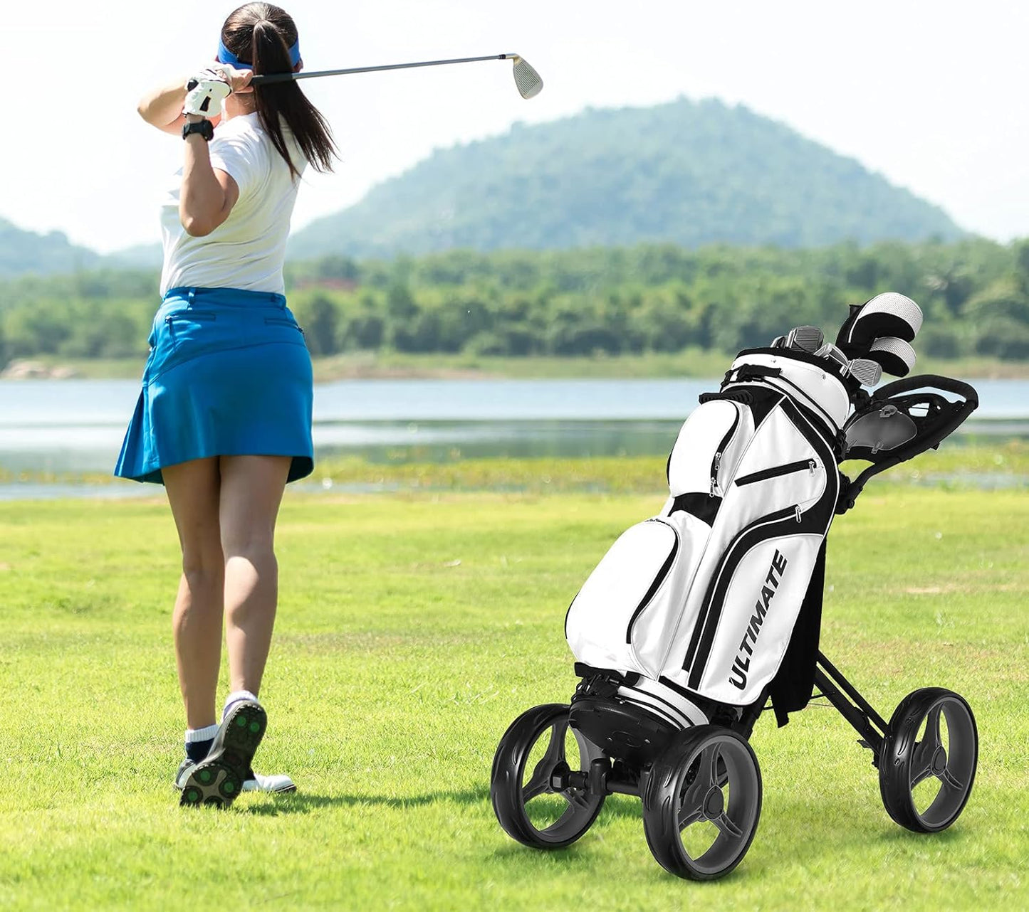 Golf Push Pull Cart, Lightweight Aluminum Collapsible Golf Push Cart with 4 Wheels, Golf Cart W/Upper/Lower Bracket, Umbrella & Cup Holder, Golf Trolley with Scoreboard Storage & Foot Brake