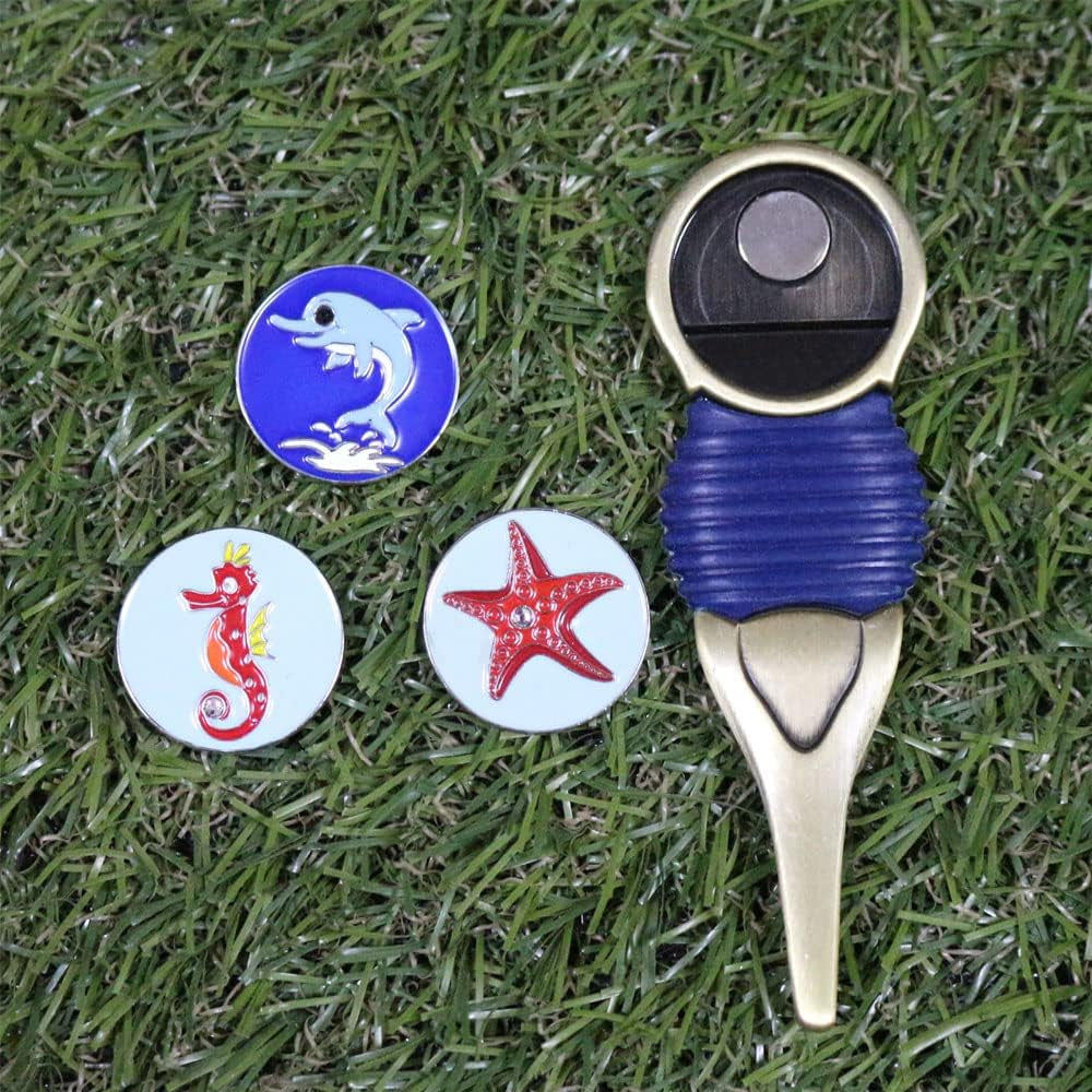 Golf Divot Repair Tool with 3 Ball Markers Zinc Alloy and Silicone Protection for Man Woman Golfer