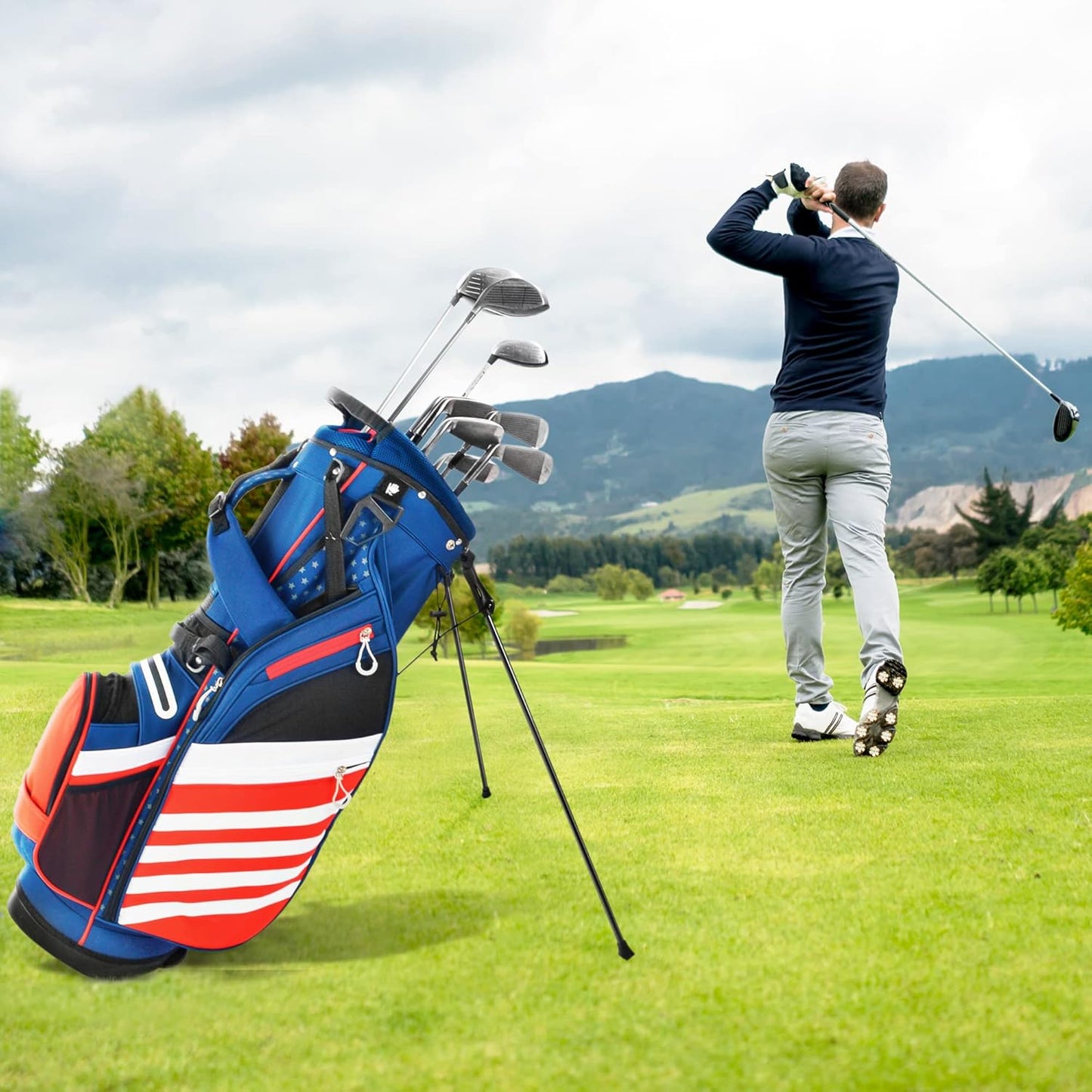 Golf Stand Bag, Lightweight 14 Way Top Dividers Golf Carry Bag with 8 Pockets, USA Stars & Stripes Golf Bag for Golf Club Golf Cart for Men & Women