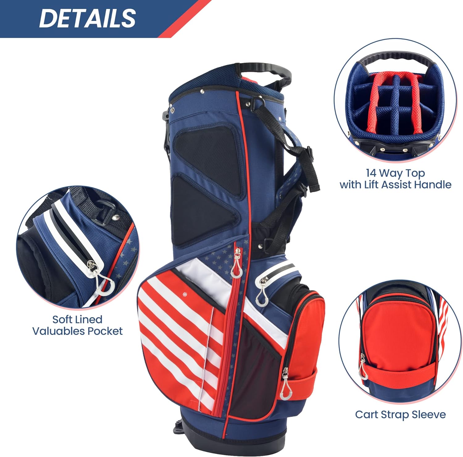 Golf Stand Bag, Lightweight 14 Way Top Dividers Golf Carry Bag with 8 Pockets, USA Stars & Stripes Golf Bag for Golf Club Golf Cart for Men & Women